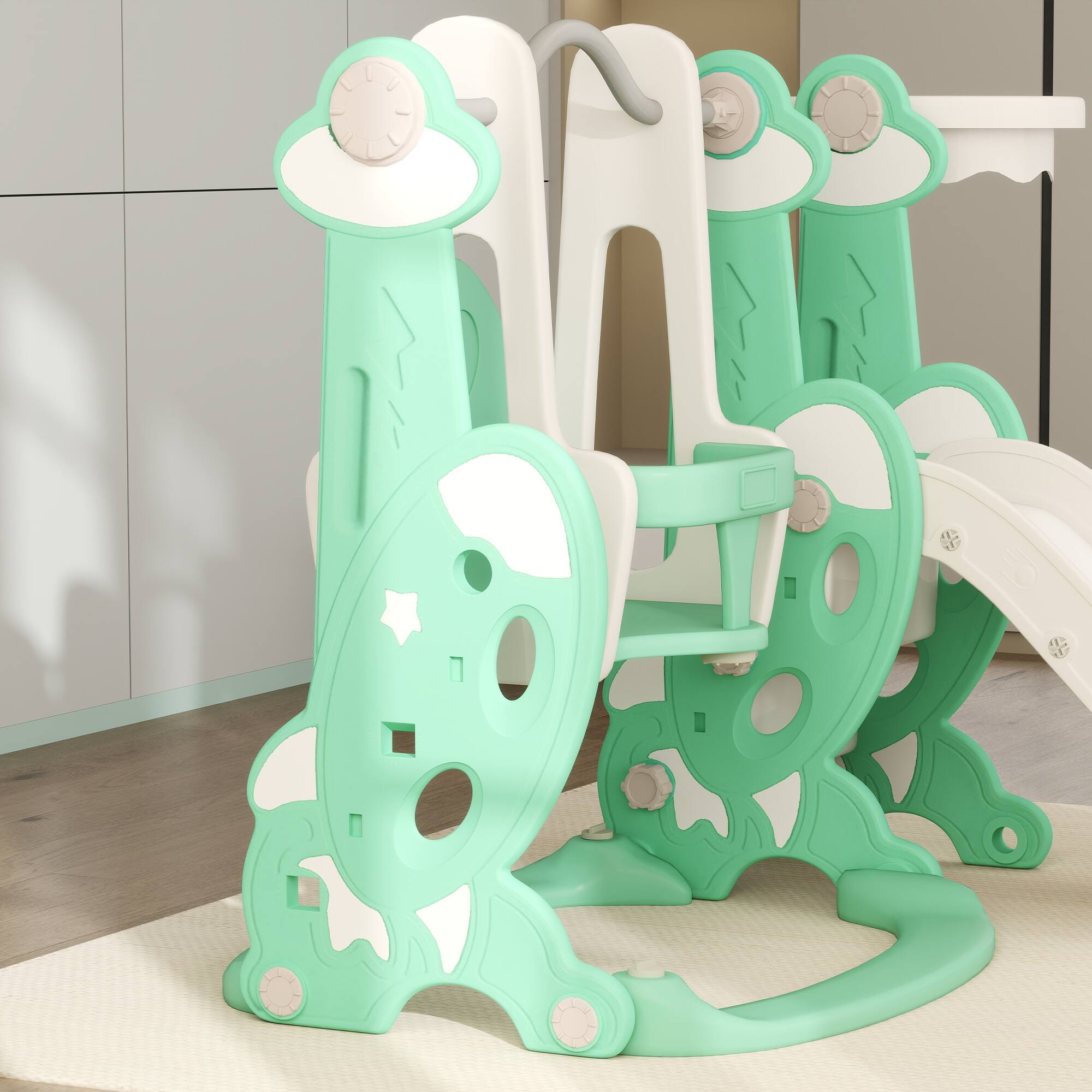 Alt View 4. Qaba - 4 in 1 Toddler Slide and Swing Set, Indoor Kids Slide, Playset Playground, Climber, Basketball Hoop, Rocket Themed.