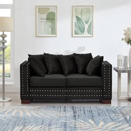 Ropilly - Black Velvet Loveseat with Silver Nail Trim, Modern Square Arm Upholstered Sofa with Storage - Black