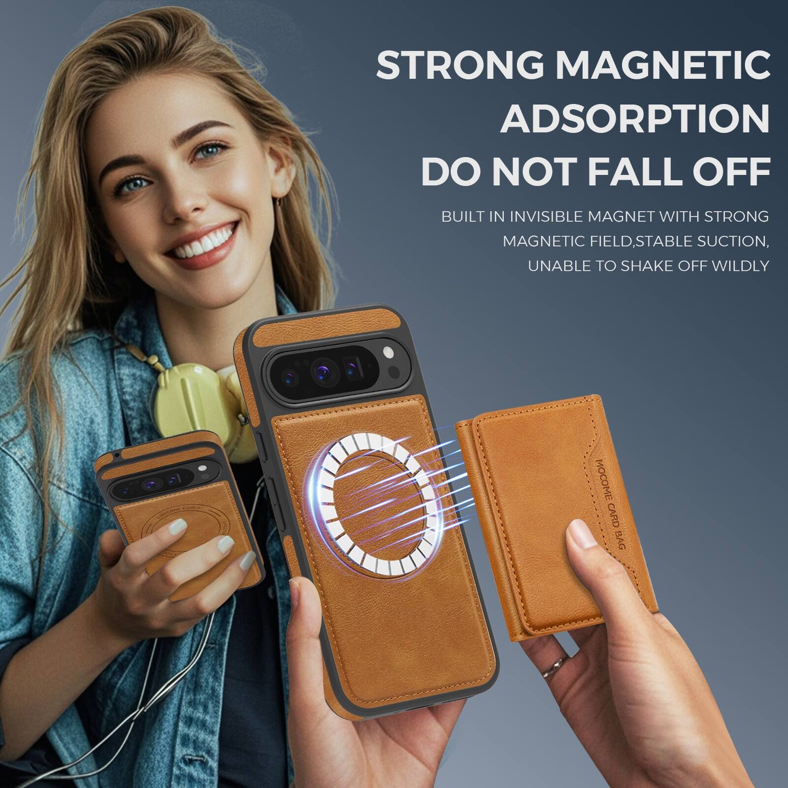 STRONG MAGNETIC ADSORPTION  
DO NOT FALL OFF  
BUILT IN INVISIBLE MAGNET WITH STRONG MAGNETIC FIELD, STABLE SUCTION, UNABLE TO SHAKE OFF WILDLY  
MOOCOME CARD DAB