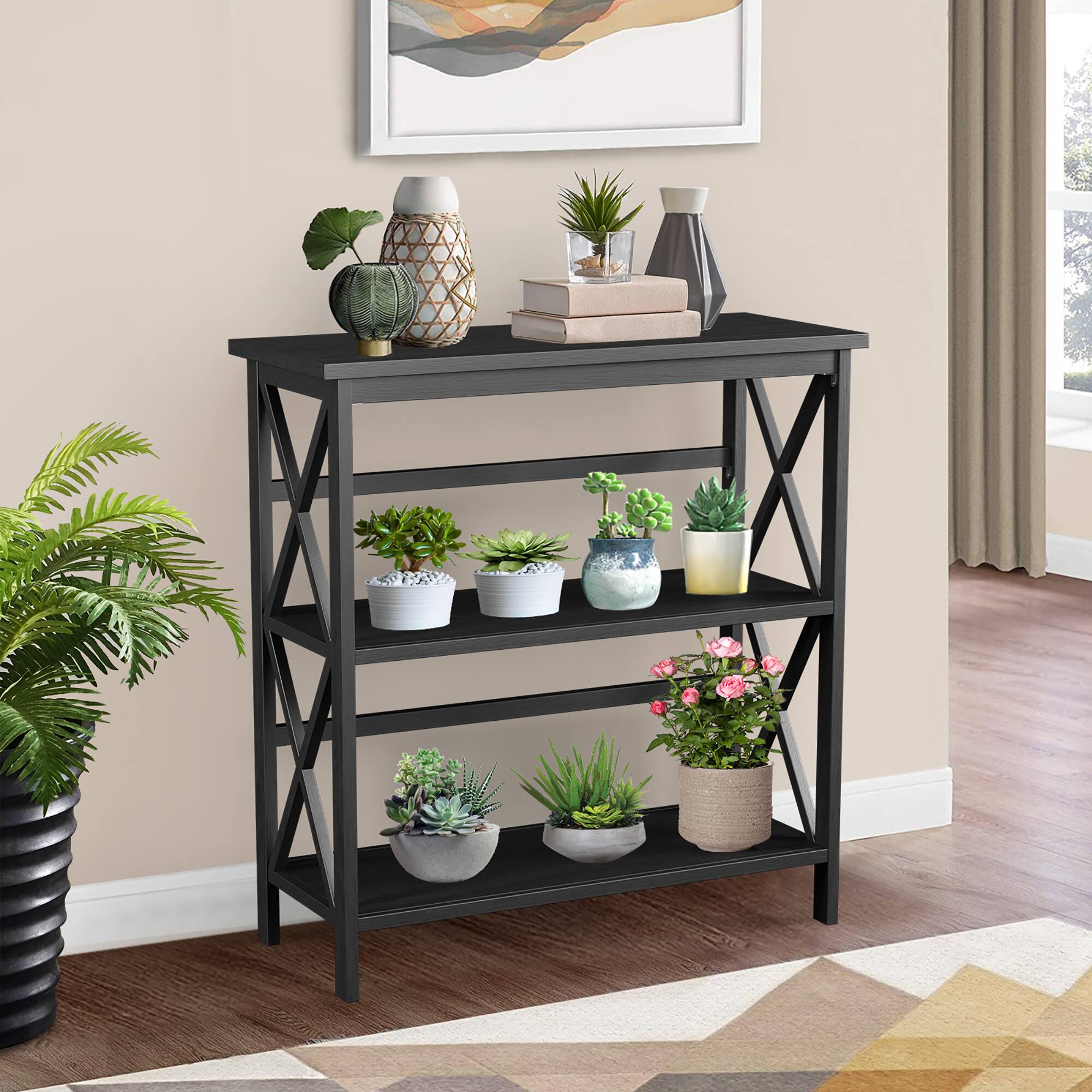 Alt View 17. Costway - Wooden Shelf Bookcase 3-Tier Open Bookshelf W/X-Design Freestanding Rack Black - Black.