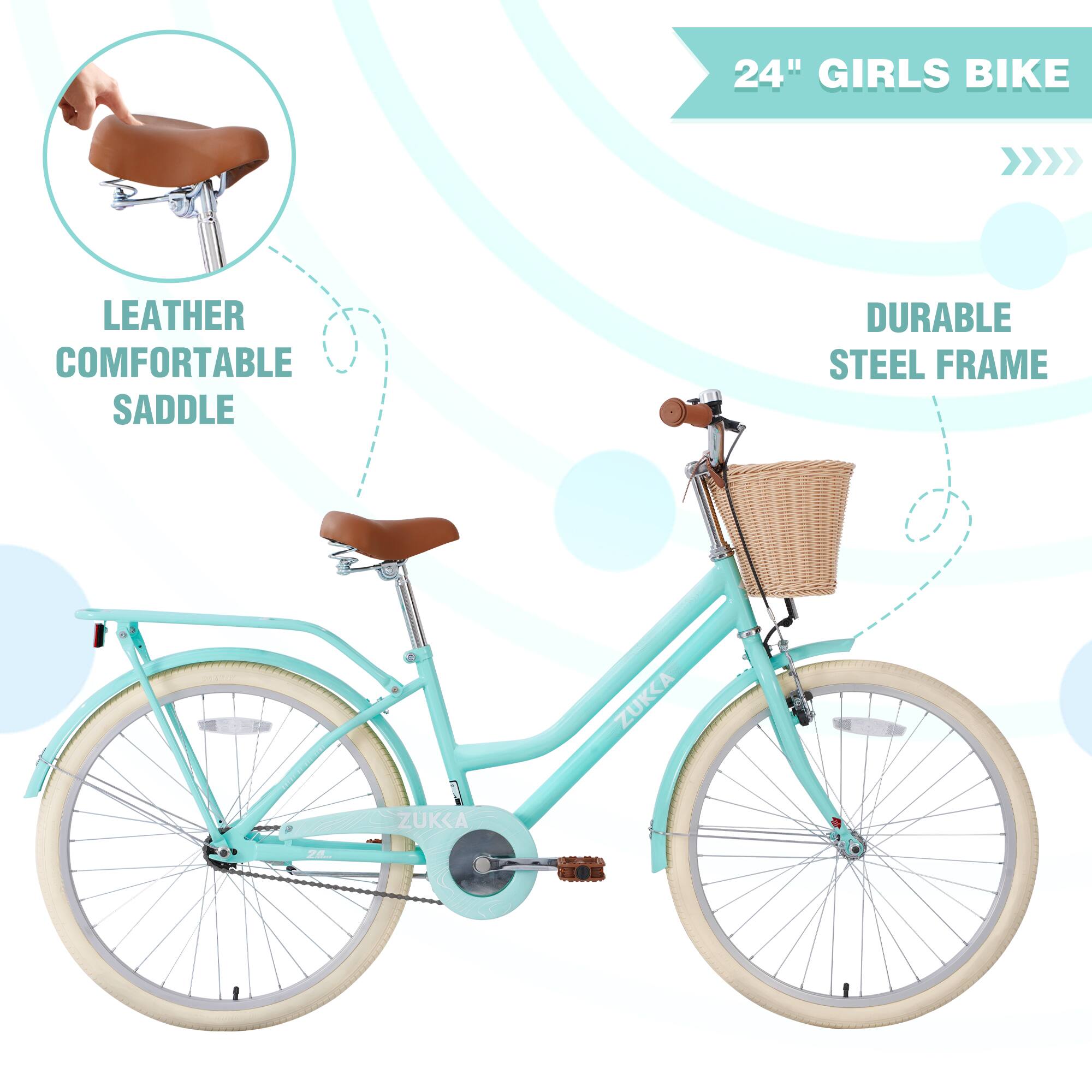 24" GIRLS BIKE  
LEATHER COMFORTABLE SADDLE  
DURABLE STEEL FRAME