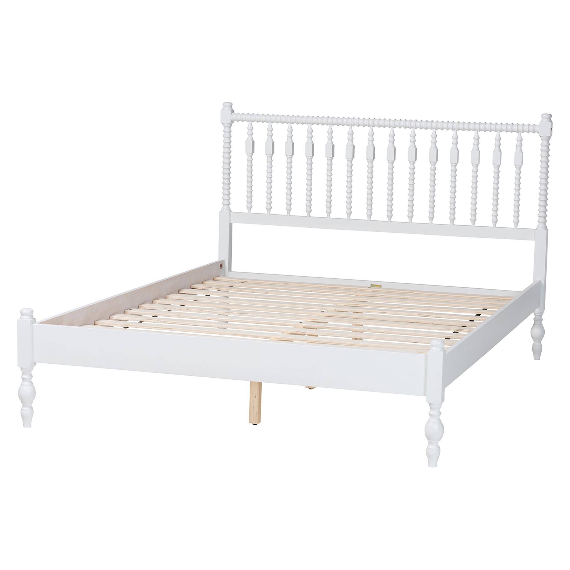 Left. Baxton Studio - Callison Spindle Platform Bed - Turned Farmhouse Bed Frame with Spoked Headboard and Sculpted Legs, Queen - White.