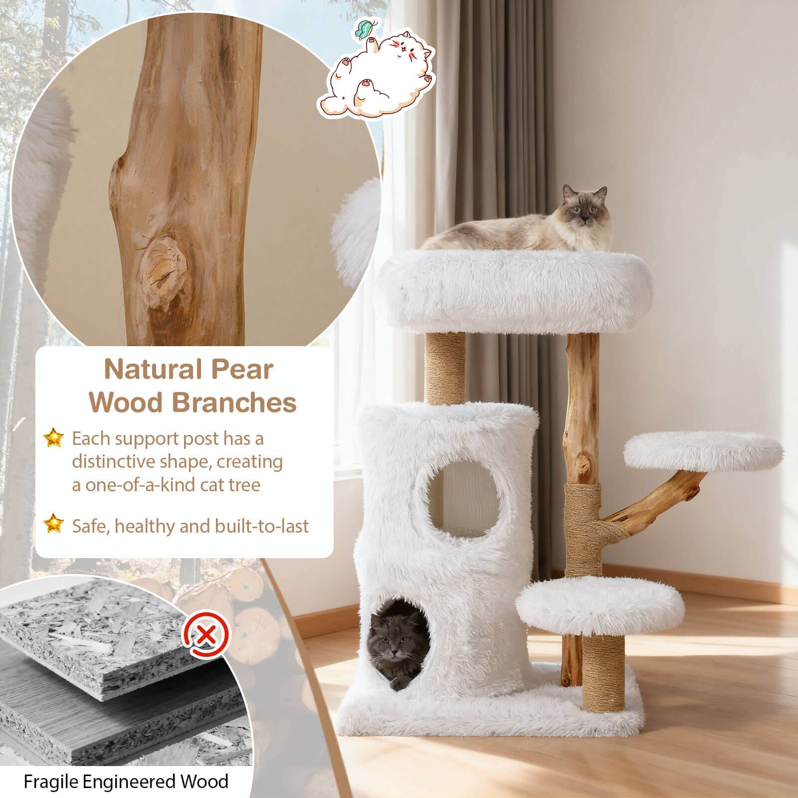 Natural Pear Wood Branches  
Each support post has a distinctive shape, creating a one-of-a-kind cat tree  
Safe, healthy and built-to-last  

Fragile Engineered Wood