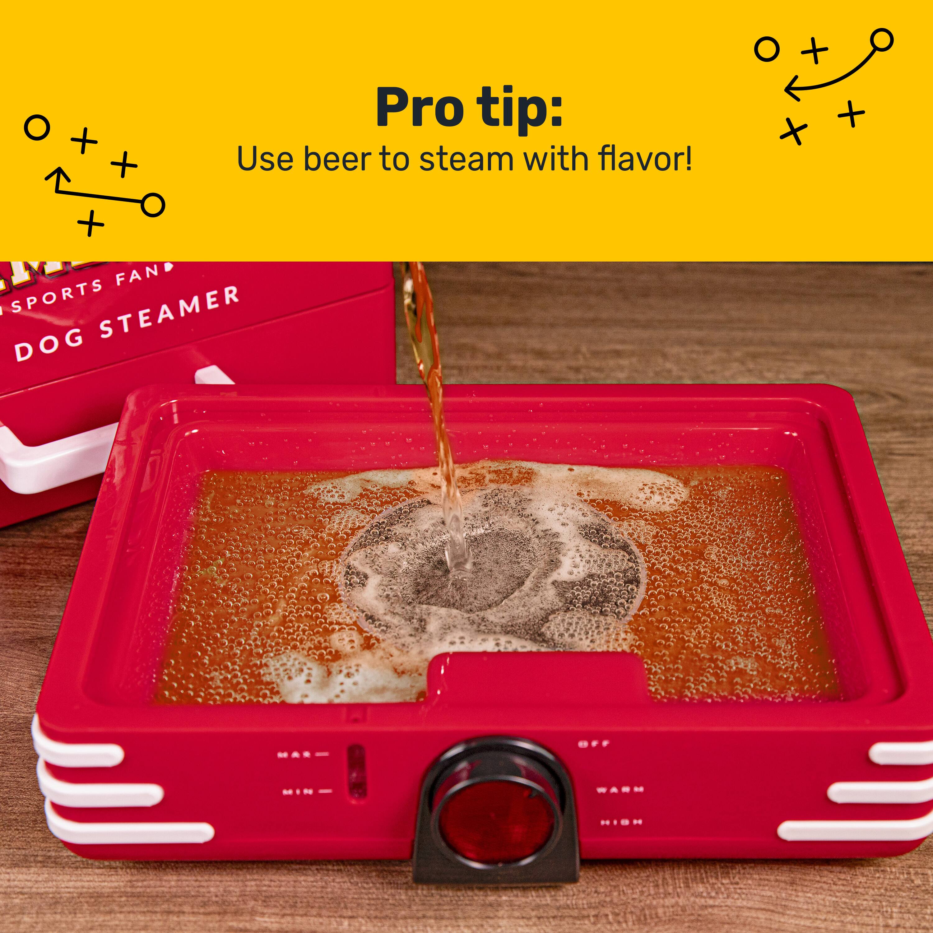 Pro tip: Use beer to steam with flavor!  
FAN SPORTS STEAMER DOG  
MAR  
OFF  
MIN  
WARM  
HIGH