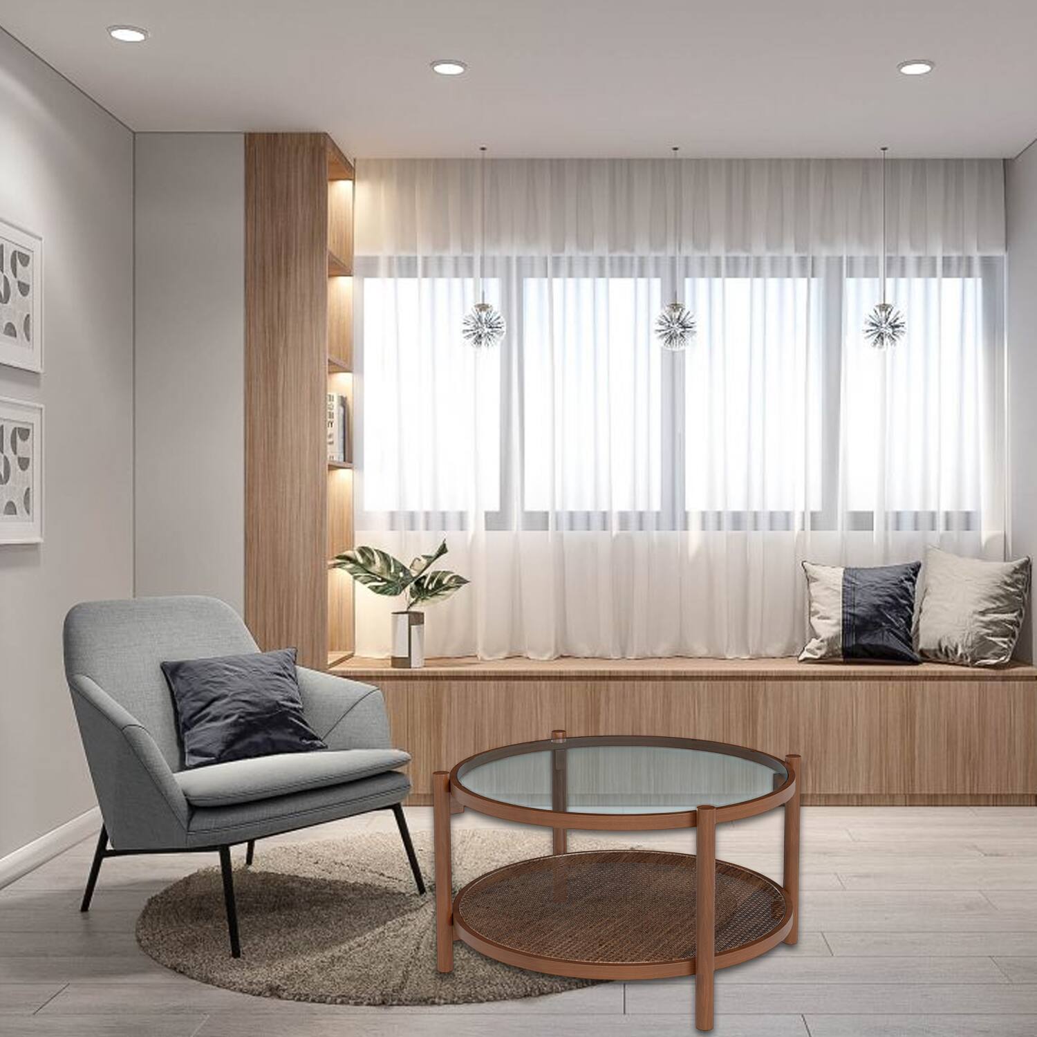 Front. Hivvago - Round 31-Inch Coffee Table with Glass Top and Two-Layer Design - Cherry.