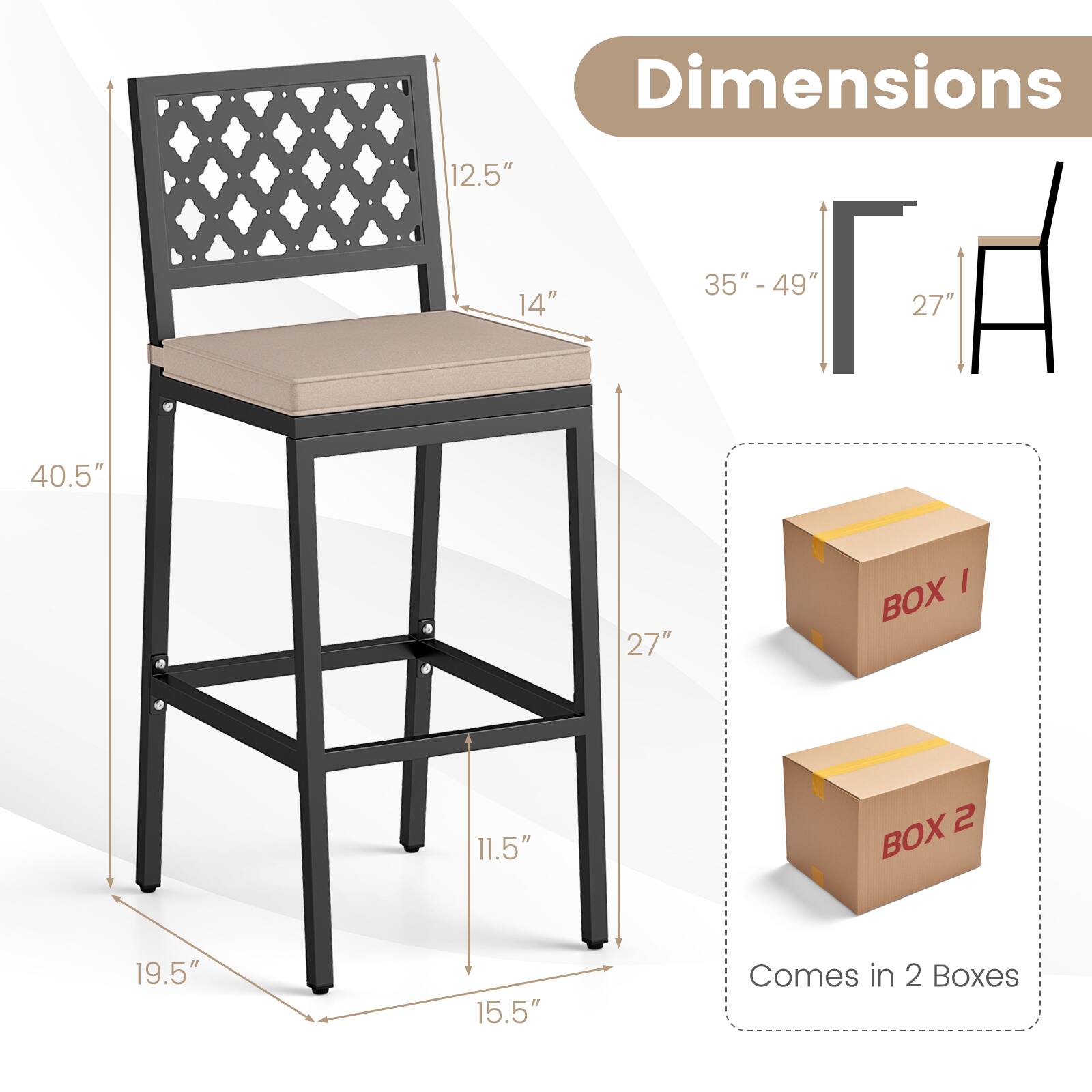The dimensions of the chair are as follows:

- Height: 40.5"
- Seat Height: 27"
- Seat Depth: 14"
- Back Height: 12.5"
- Width: 35" - 49"
- Base Width: 19.5"
- Base Depth: 15.5"
- Base Height: 11.5"

The chair comes in 2 boxes.