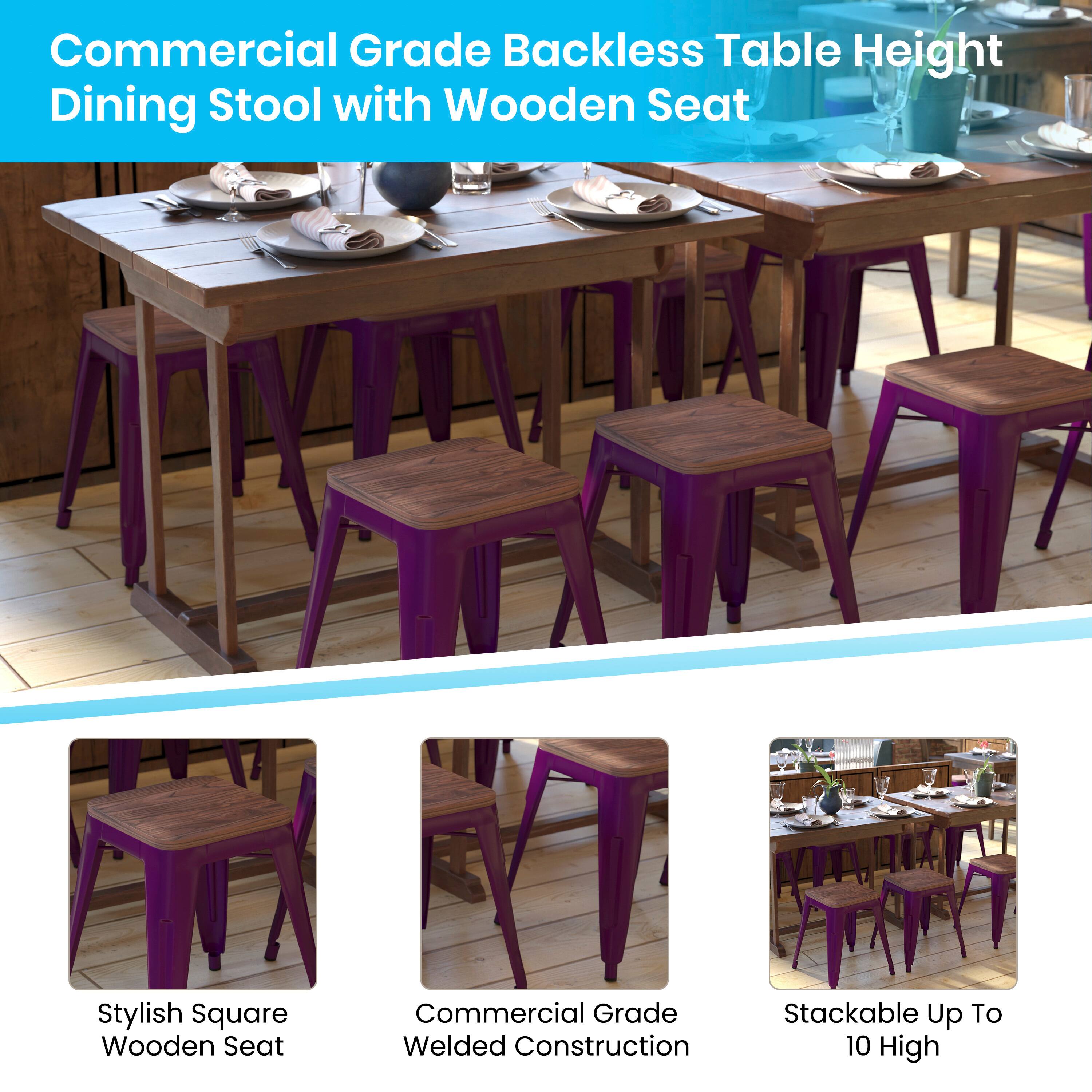 Commercial Grade Backless Table Height Dining Stool with Wooden Seat

- Stylish Square Wooden Seat
- Commercial Grade Welded Construction
- Stackable Up To 10 High