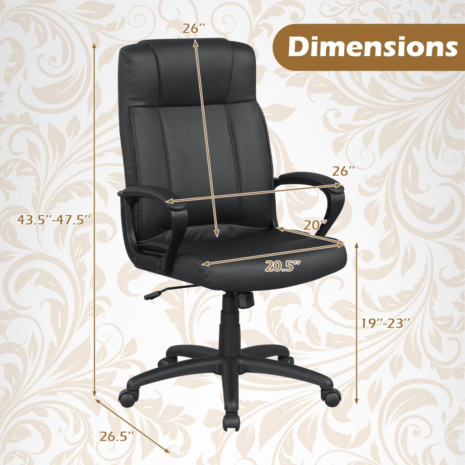 Dimensions
26"
43.5"-47.5"
20"
20.5"
19"-23"
26.5"