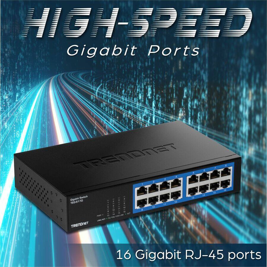 HIGH-SPEED  
Gigabit Ports  

TRENDNET  
Gigabit Switch  
TEG-S170  

16 Gigabit RJ-45 ports