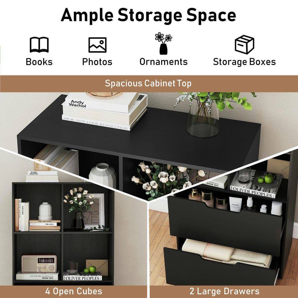 Ample Storage Space  
Books  
Photos  
Ornaments  
Storage Boxes  

Spacious Cabinet Top  

4 Open Cubes  
2 Large Drawers
