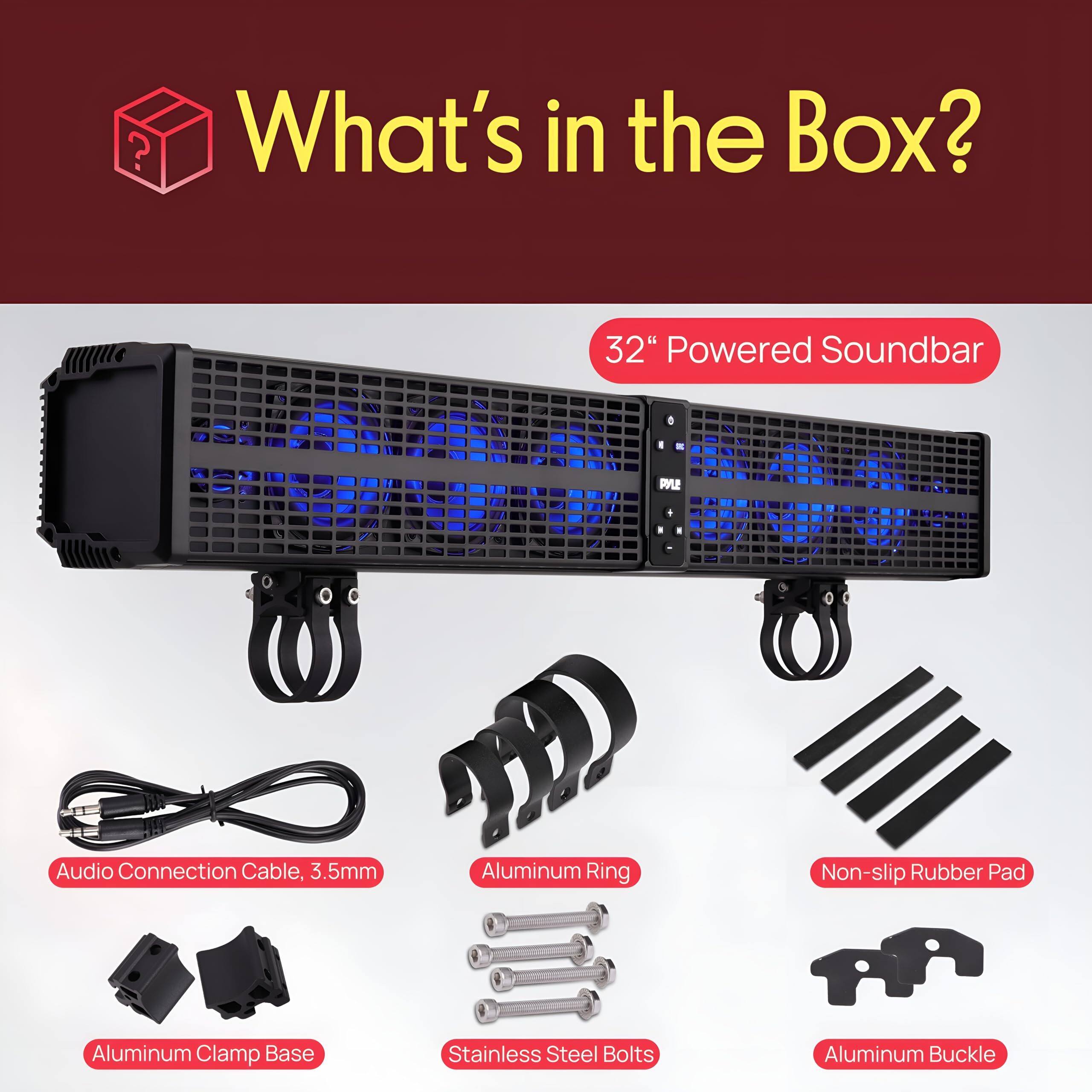 What's in the Box?

- 32" Powered Soundbar
- Audio Connection Cable, 3.5mm
- Aluminum Ring
- Non-slip Rubber Pad
- Aluminum Clamp Base
- Stainless Steel Bolts
- Aluminum Buckle