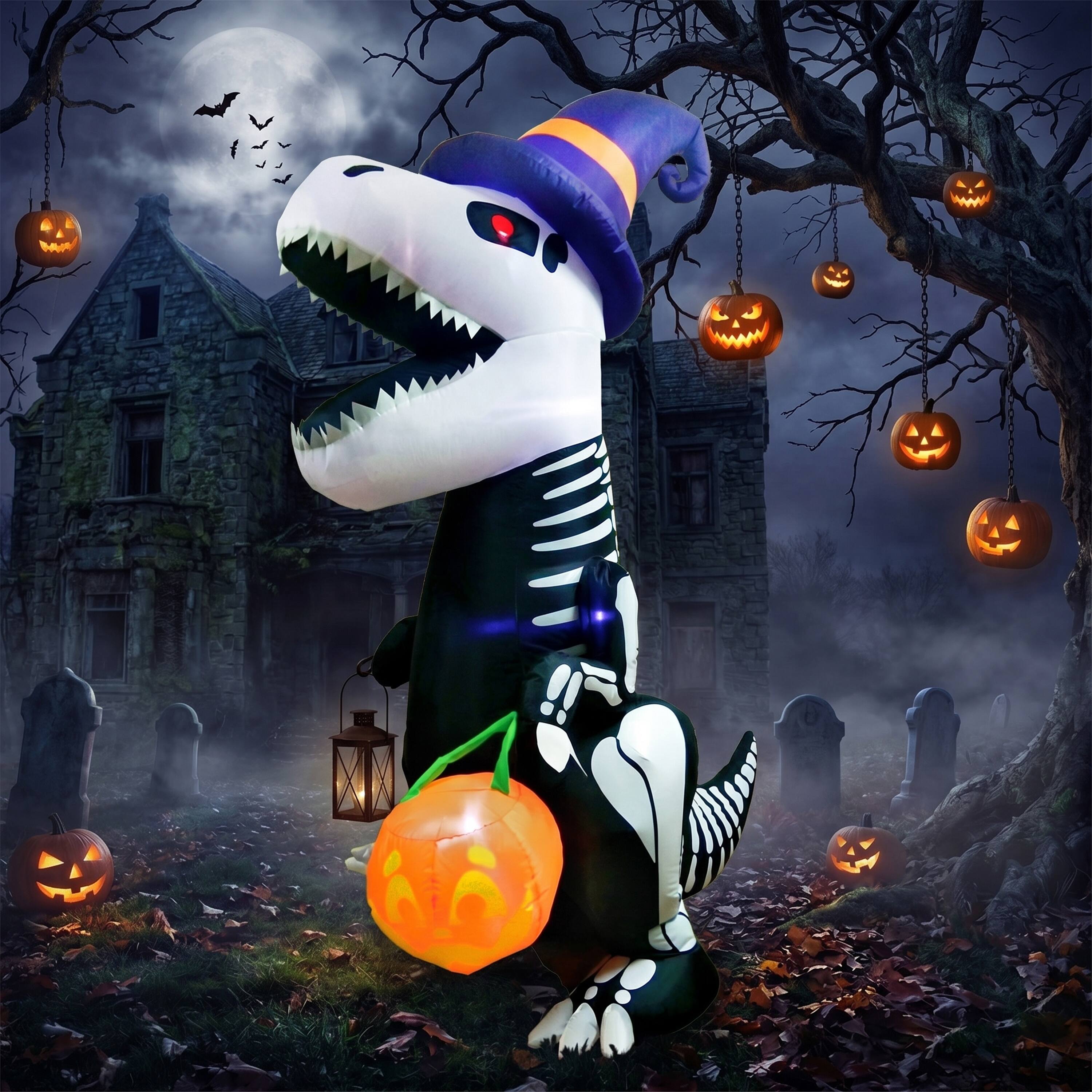 Alt View 2. Joyfy - 8FT Inflatable Skeleton Dinosaur with Pumpkin – Halloween Outdoor Decoration for Yard, Garden & Lawn Displays - White+black.