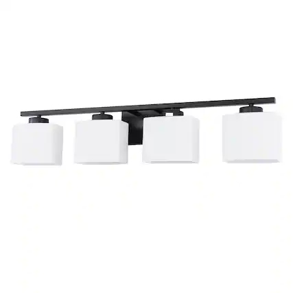 Front. Jandcase - 31 in. 4 Light Matte Black Modern Square with Milk White Shades Vanity Light for Bathroom, Bedroom, Living Room.
