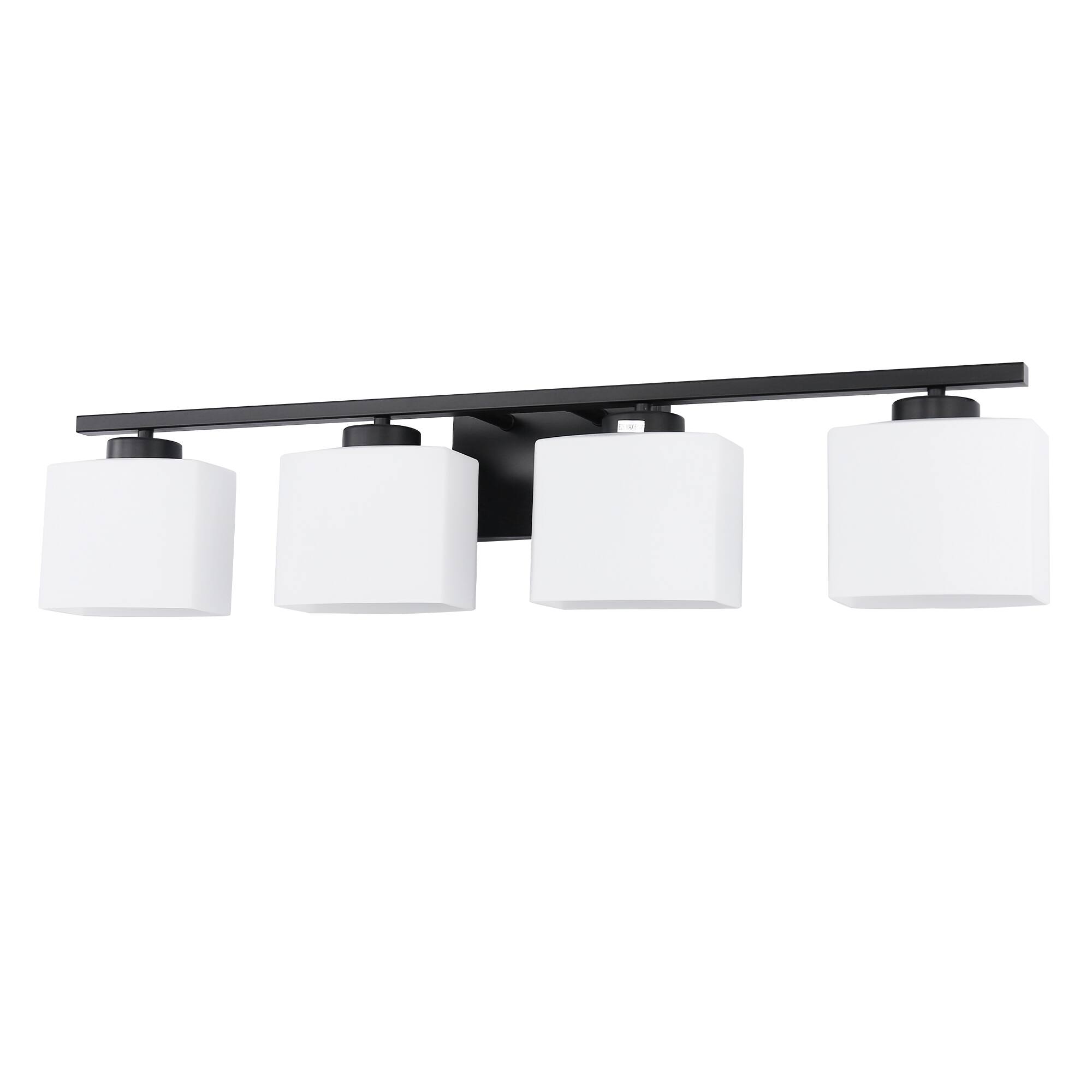 Front. Jandcase - 31 in. 4 Light Matte Black Modern Square with Milk White Shades Vanity Light for Bathroom, Bedroom, Living Room.