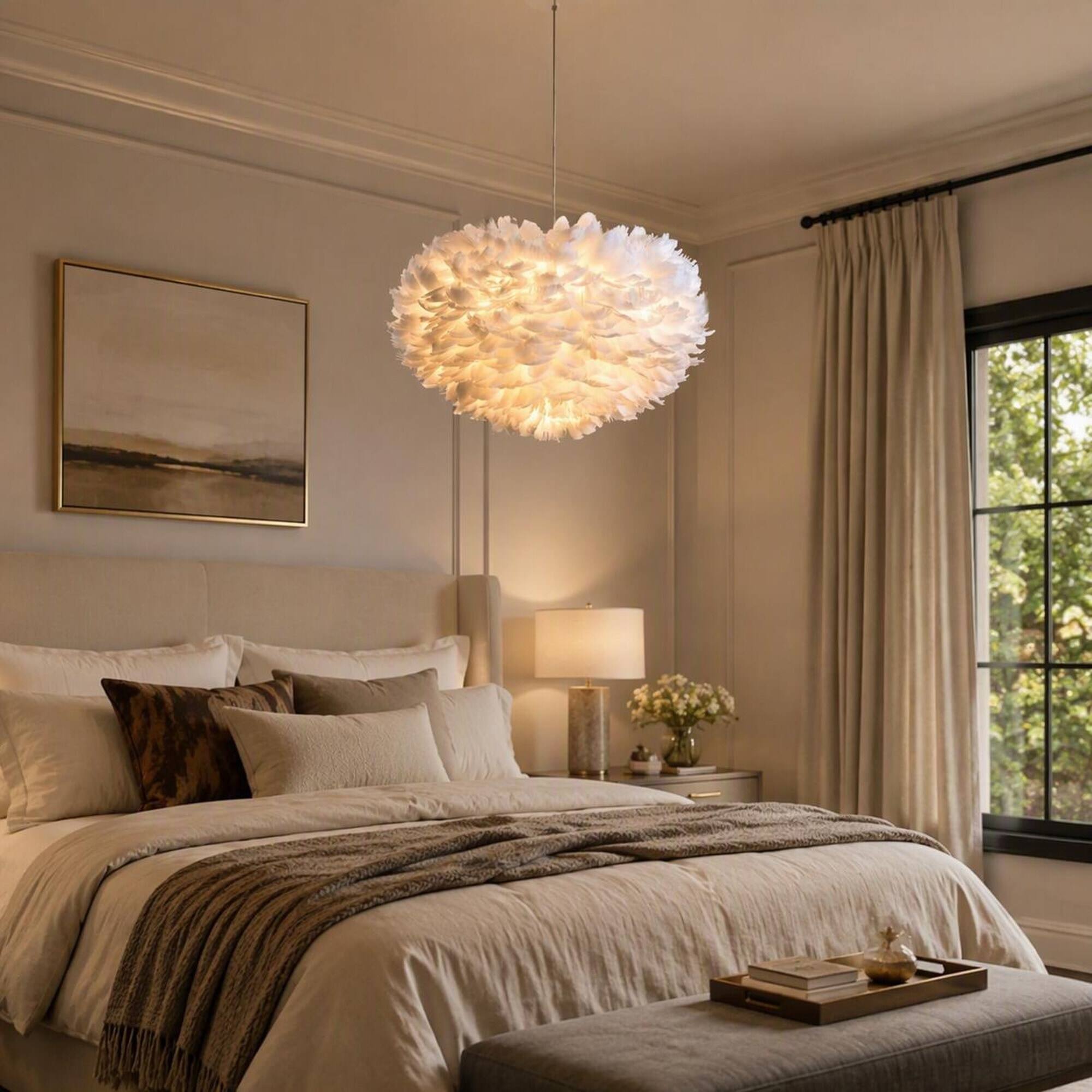 Left. RYHNUYNE - 18 In White 3-Light Feather Chandelier, Modern Fixture 49 In Adjustable Hanging Height Real Goose Feathers - Milk White.