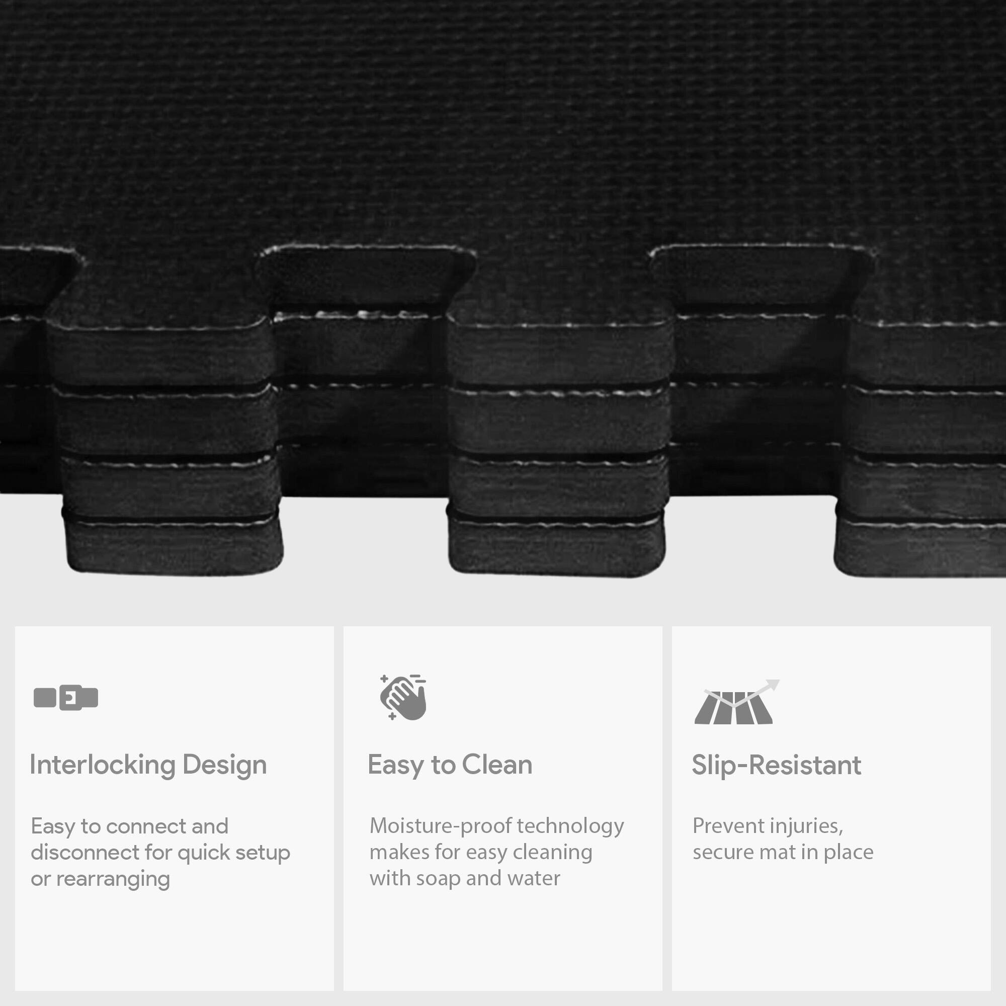 - Interlocking Design
  - Easy to connect and disconnect for quick setup or rearranging

- Easy to Clean
  - Moisture-proof technology makes for easy cleaning with soap and water

- Slip-Resistant
  - Prevent injuries, secure mat in place