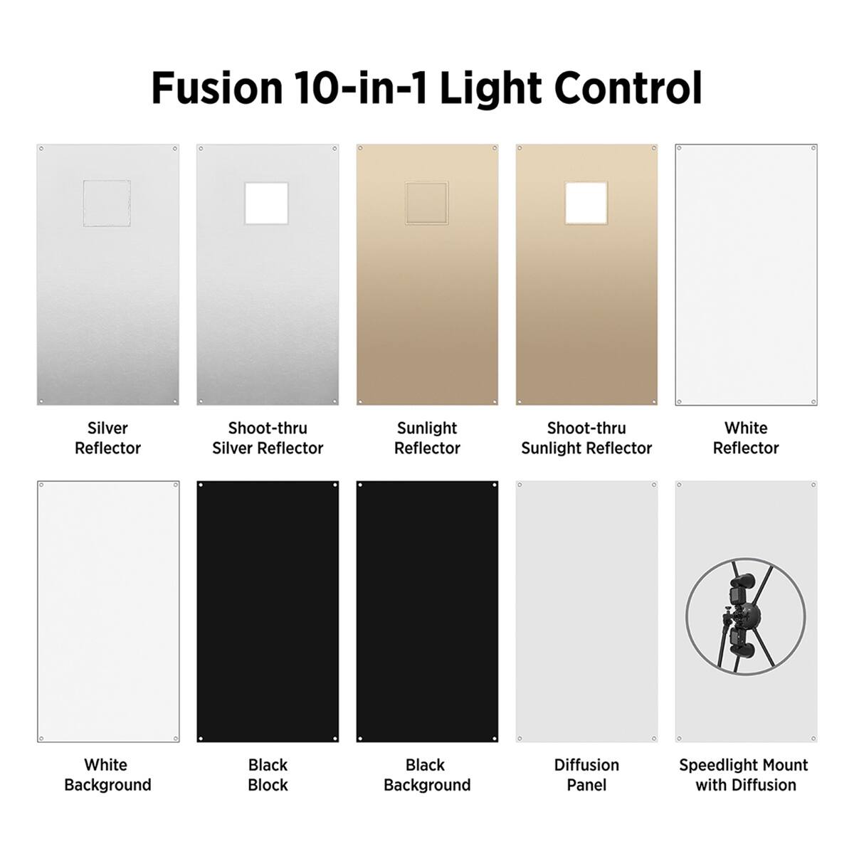 Fusion 10-in-1 Light Control

- Silver Reflector
- Shoot-thru Silver Reflector
- Sunlight Reflector
- Shoot-thru Sunlight Reflector
- White Reflector
- White Background
- Black Block
- Black Background
- Diffusion Panel
- Speedlight Mount with Diffusion
