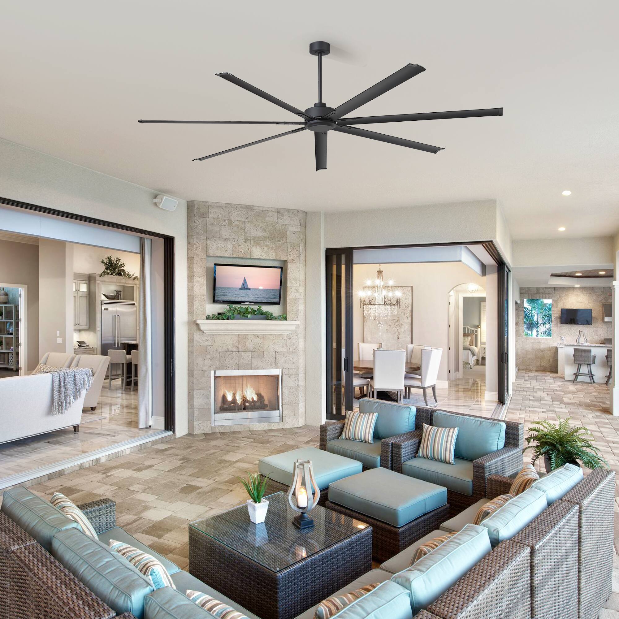 Back. Breezary - 96-Inch Extra Large Ceiling Fan Without Light, DC Motor, 7 Aluminum Blades, 6-Speed Remote with Timer - 96-inch Black.