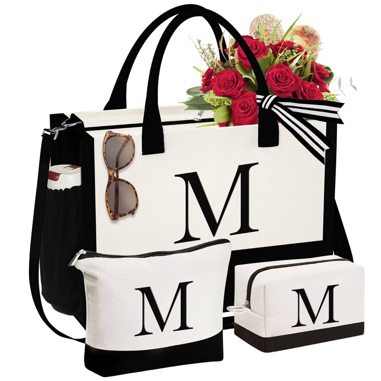 Paradigms Interiors - Initial Canvas Tote Bag & Makeup Birthday Gifts For Women Mom Sister Friends Bridesmaid Wedding - M
