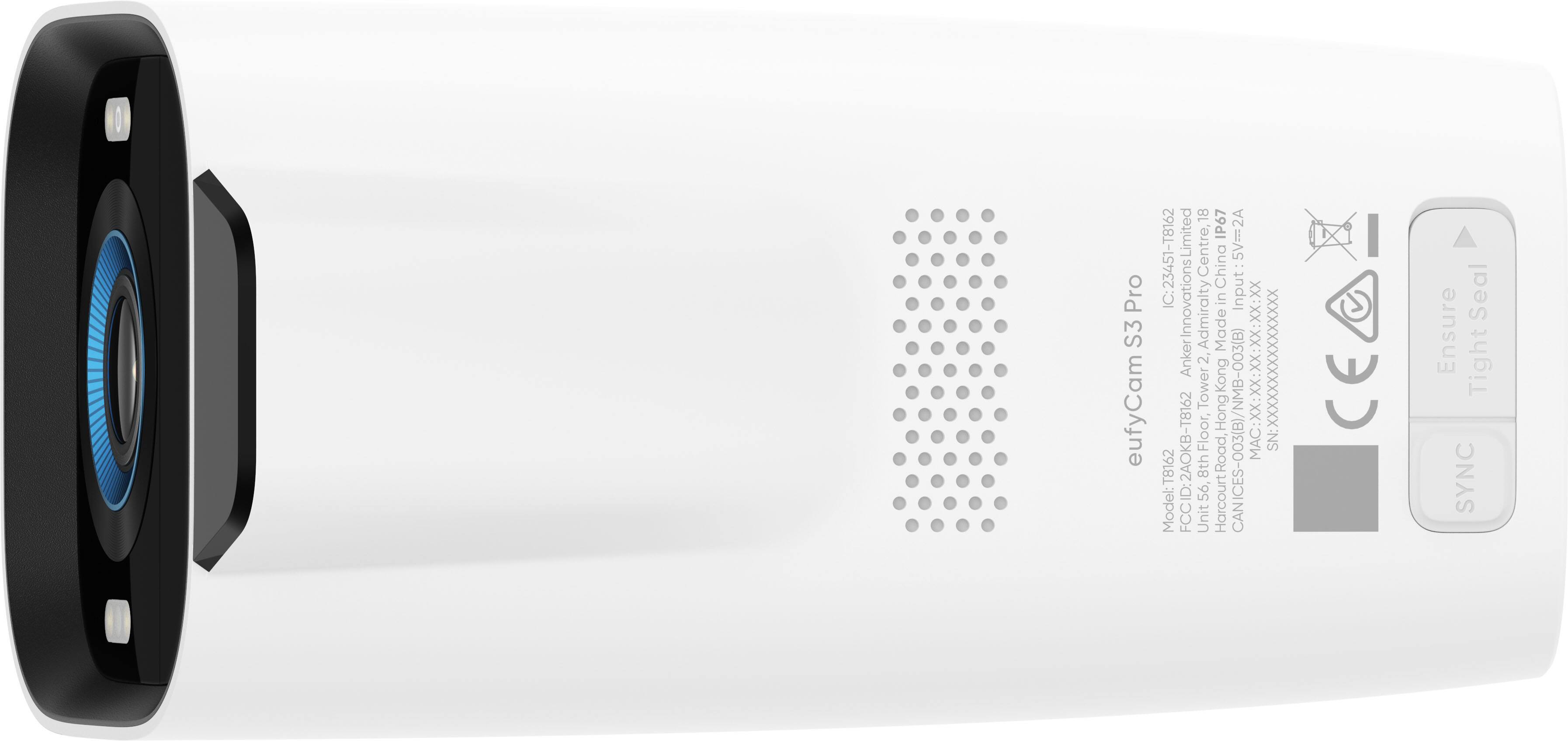 The text on the image reads:

Pro S3 eufyCam IP67 IC:23451-T8162 Centre, China Input:5V=2A AnkerInnovationsLimited Admiralty 2. Kong Made in -003(B) MAC:XX:XX:XX:XX:XX:X SN:XXXXXXXXXXXXXXXX Tower Hong Kong XX: :2AOKB-T8162 8th Model: FCC ID: Unit 56, HarcourtRoad, CAN  Seal Ensure Tight SYNC