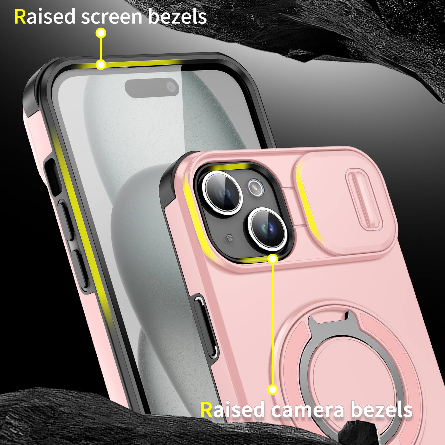 Raised screen bezels  
Raised camera bezels