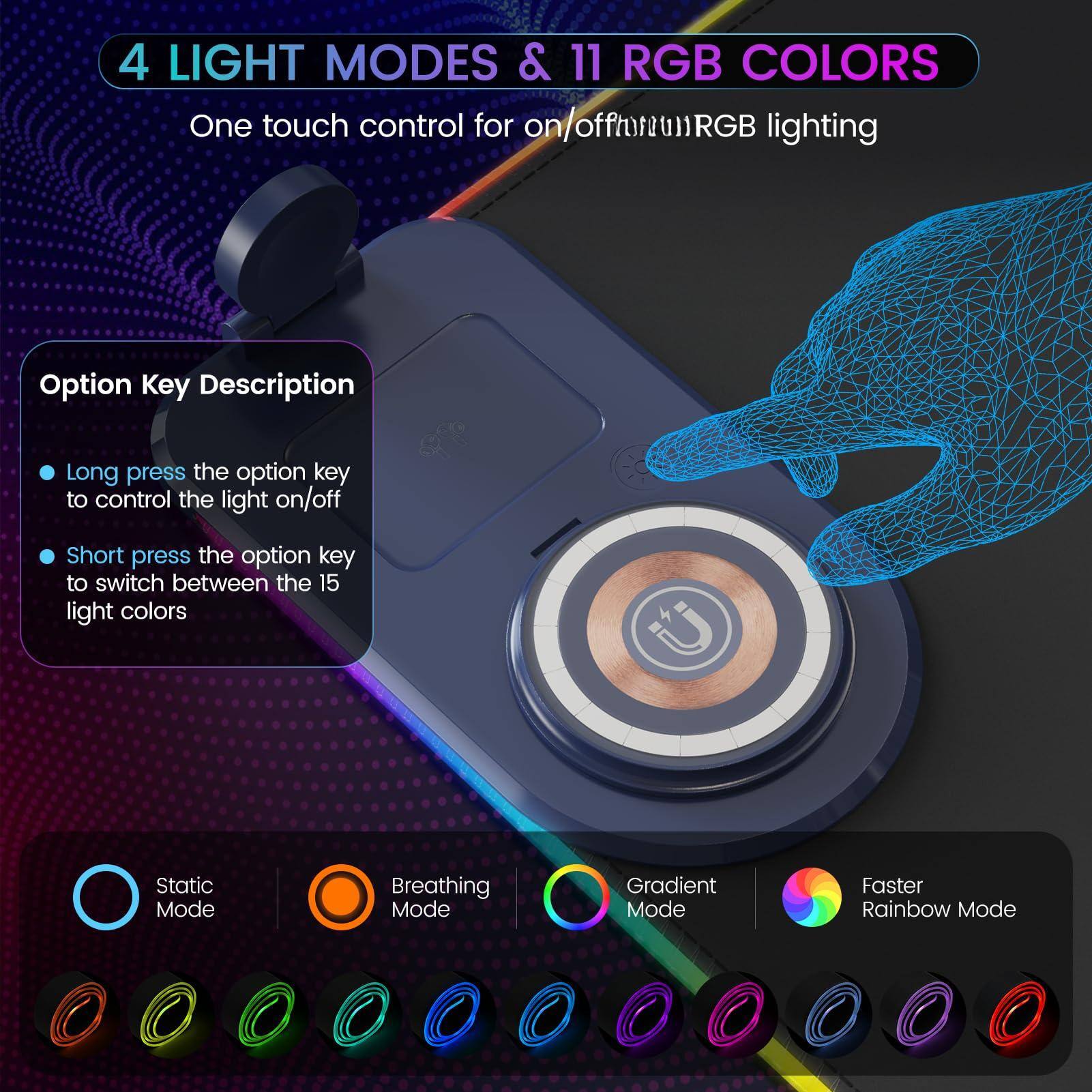 4 LIGHT MODES & 11 RGB COLORS

One touch control for on/off and RGB lighting

Option Key Description
- Long press the option key to control the light on/off
- Short press the option key to switch between the 15 light colors

Static Mode
Breathing Mode
Gradient Mode
Faster Rainbow Mode