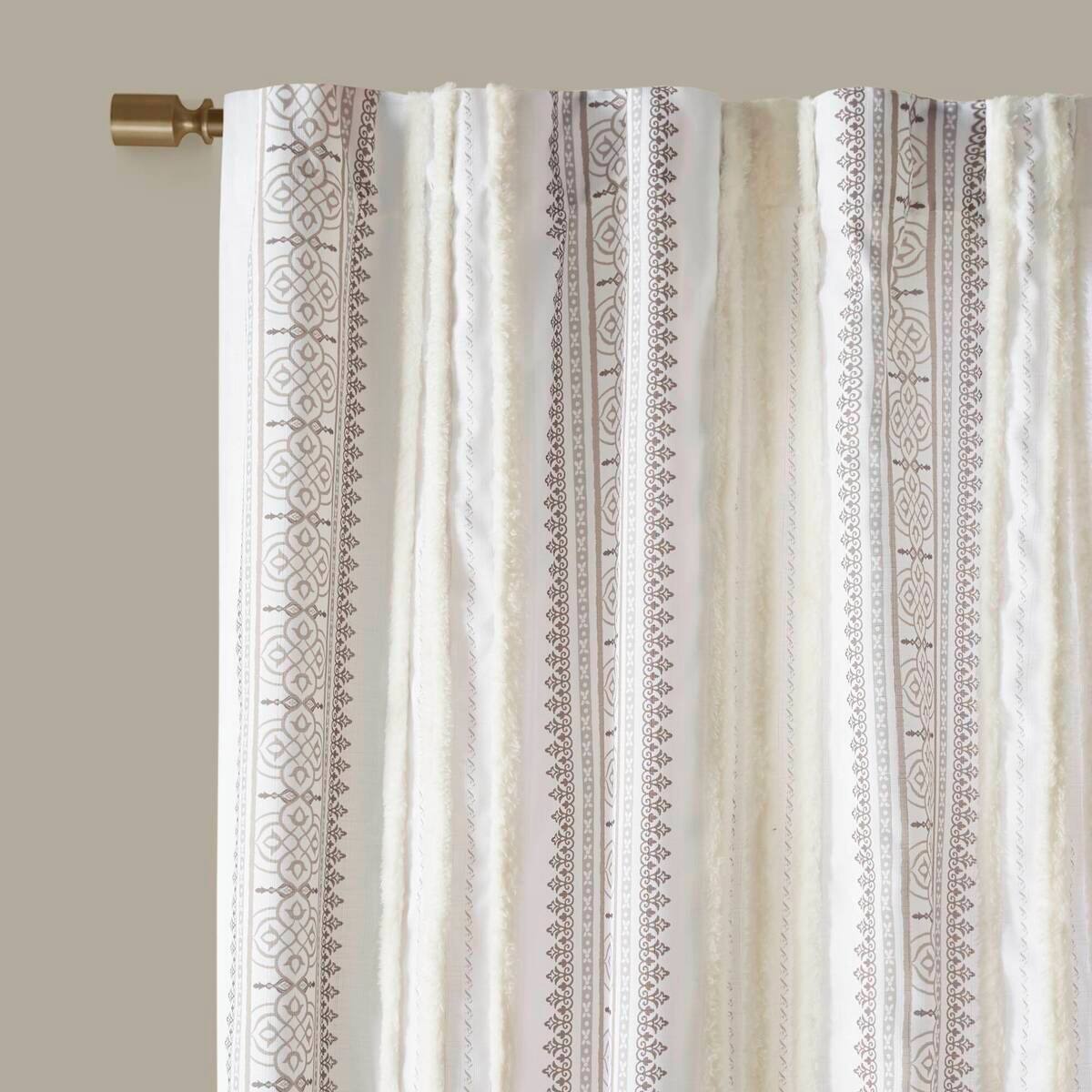 Angle. BreeBe - Poly Printed Curtain Panel with Tufted Stripe and Lining White/Brown 50x95' - Multicolor.
