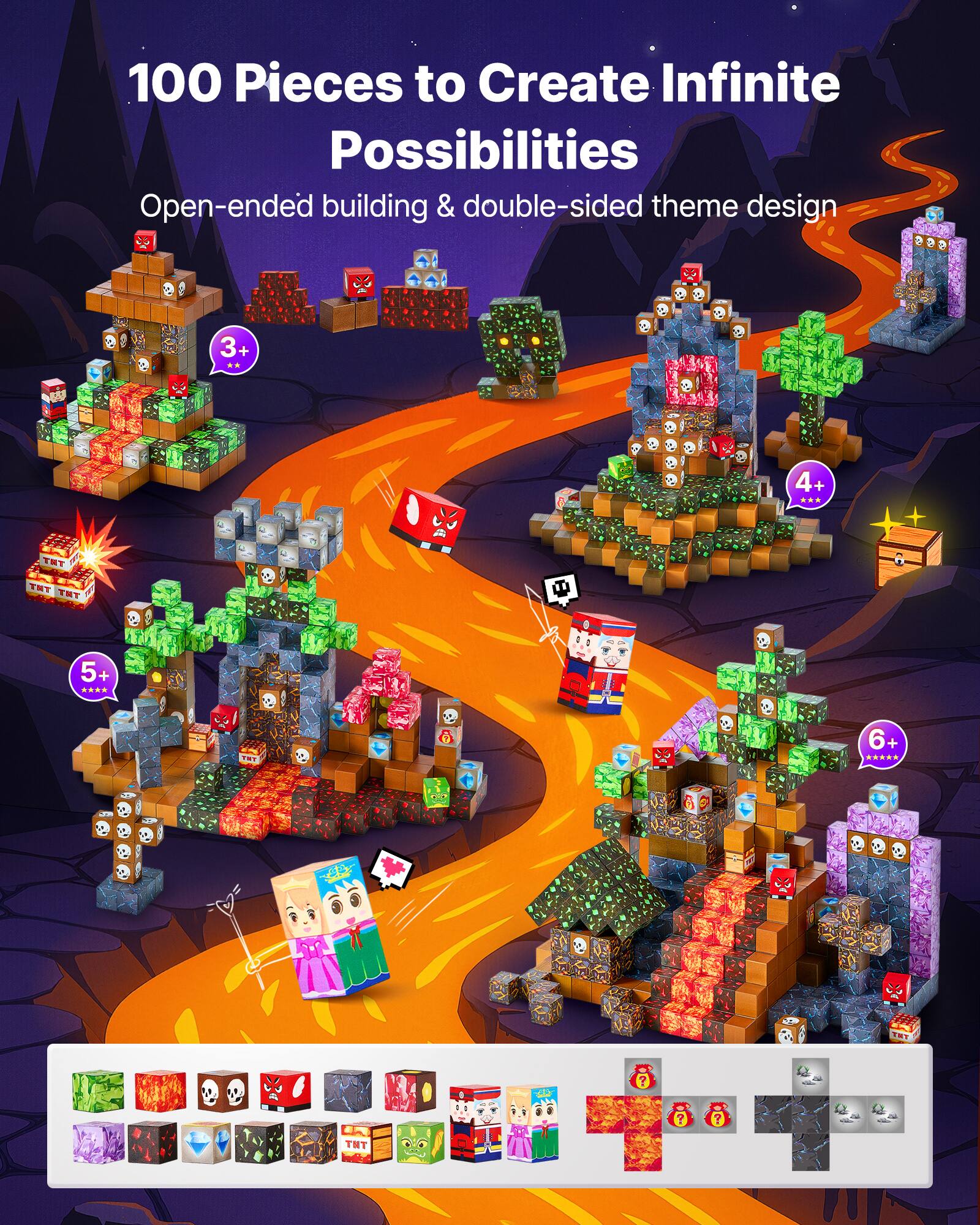 100 Pieces to Create Infinite Possibilities
Open-ended building & double-sided theme design
3+
4+
5+
6+