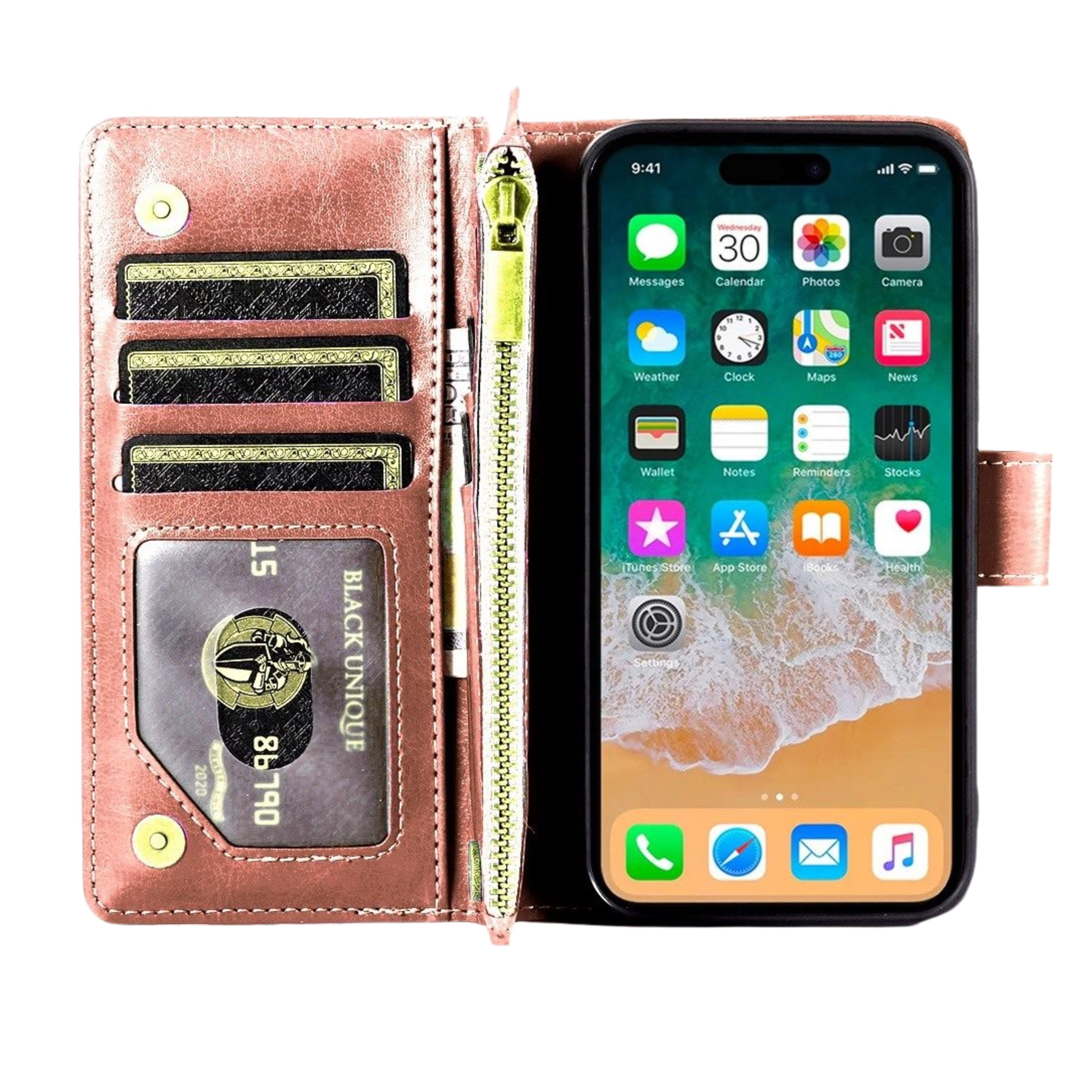 Kitcheniva - PU Leather Phone Wallet Zipper With Tempered Glass For iPhone 16 Pro Max - Rose Gold