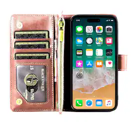 Kitcheniva - PU Leather Phone Wallet Zipper With Tempered Glass For iPhone 16 Pro Max - Rose Gold
