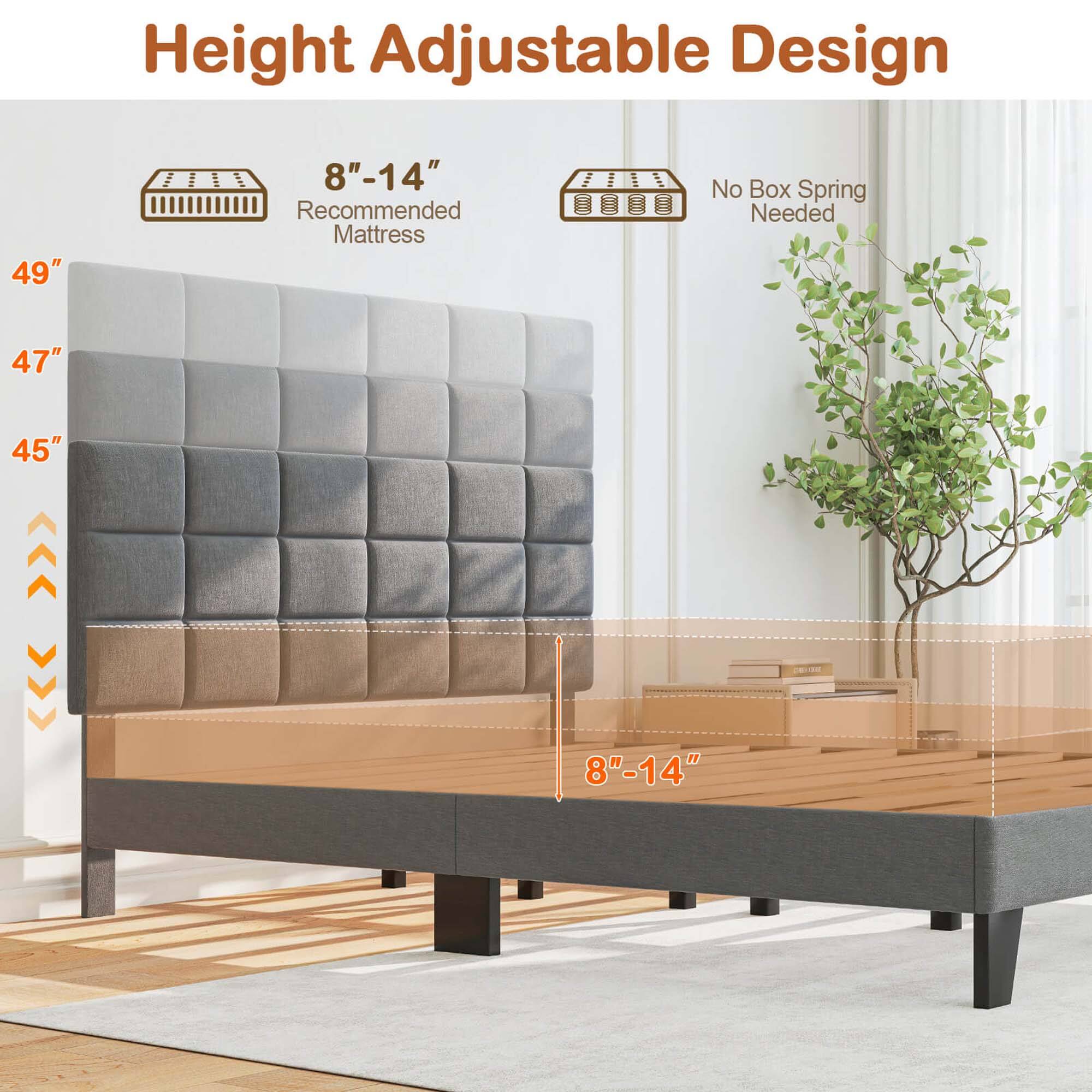 The image shows a bed frame with a mattress and a plant on the side. The bed frame is designed for a height adjustable mattress, and it is recommended to use a mattress without a box spring. The dimensions of the bed frame are 49" tall, with a width of 45" and a height adjustable range of 8"-14".