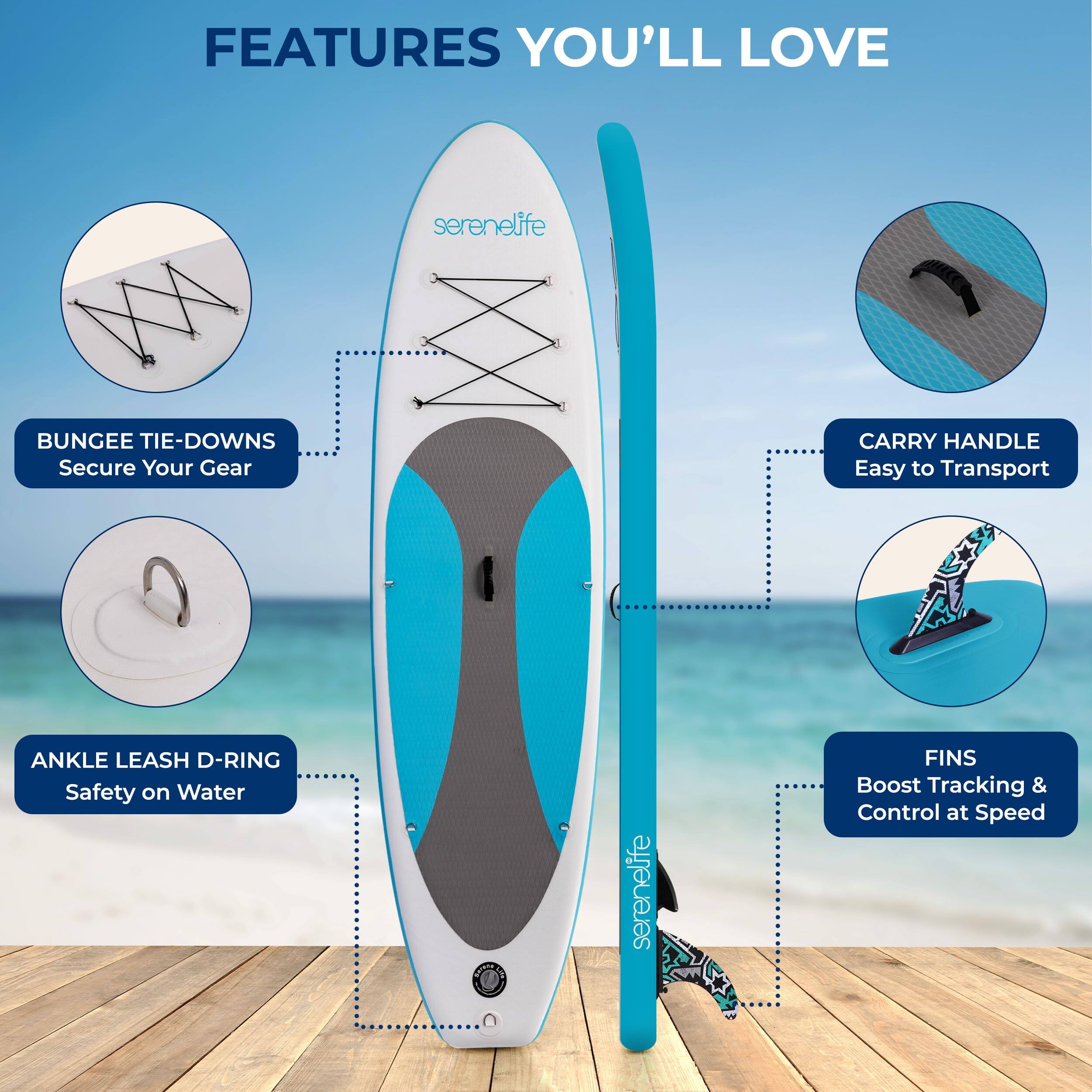 FEATURES YOU'LL LOVE

- BUNGEE TIE-DOWNS Secure Your Gear
- CARRY HANDLE Easy to Transport
- ANKLE LEASH D-RING Safety on Water
- serenelife FINS Boost Tracking & Control at Speed