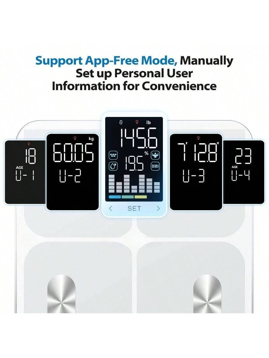 Support App-Free Mode, Manually Set up Personal User Information for Convenience

18 AGE U-1 U 1 9 kg 60.05 5-U a lb 145.6 % 19.5 BMI 7 128 23 AGE U-3 0-4