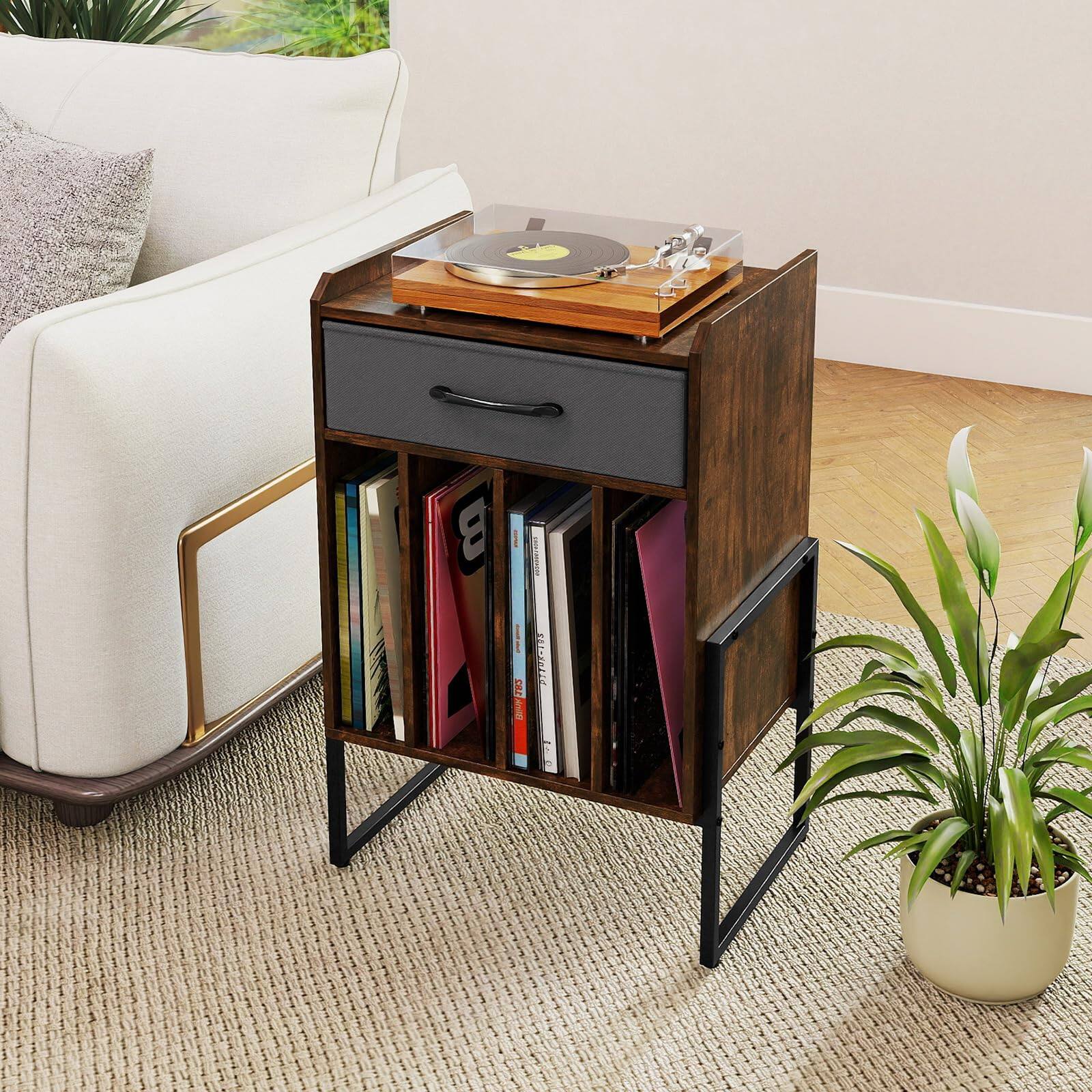 Alt View 1. Ecooso - Record Player Stand with Drawer and Vinyl Record Holder, Turntable Storage Cabinet - Rustic Brown + Gray.