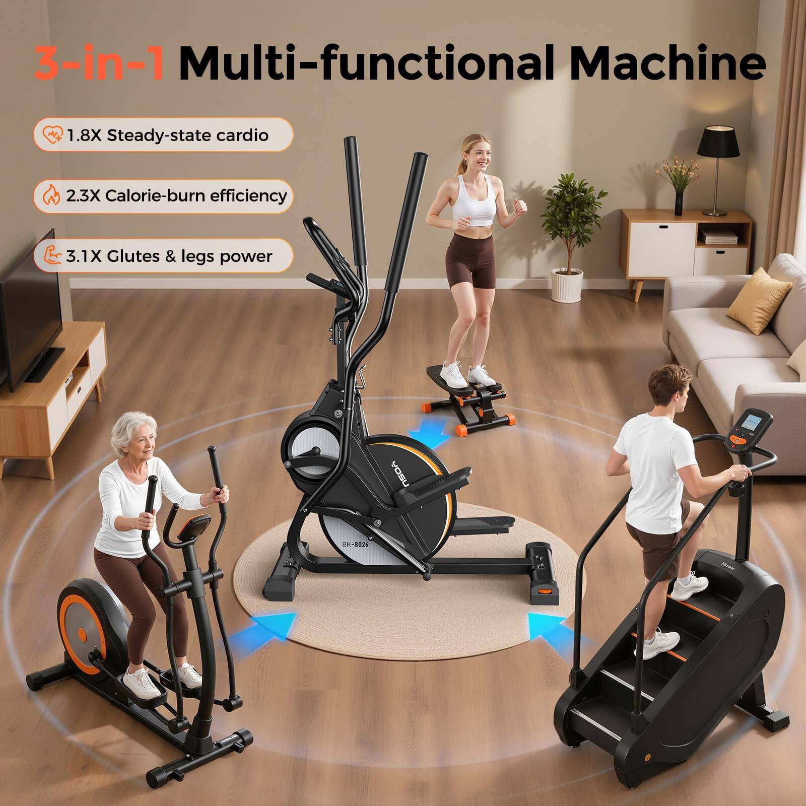 3-in-1 Multi-functional Machine

1.8X Steady-state cardio  
2.3X Calorie-burn efficiency  
3.1X Glutes & legs power