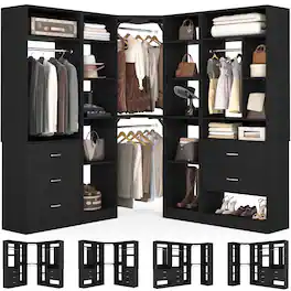 Aheaplus - L-Shaped Closet System: 5-Drawer + 15+ Shelves + 4 Hanging Rods, Fits 63''-87'' Spaces, 2500lb Industrial-Grade Capacity - Black