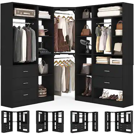 Front. Aheaplus - L-Shaped Closet System: 5-Drawer + 15+ Shelves + 4 Hanging Rods, Fits 63''-87'' Spaces, 2500lb Industrial-Grade Capacity - Black.