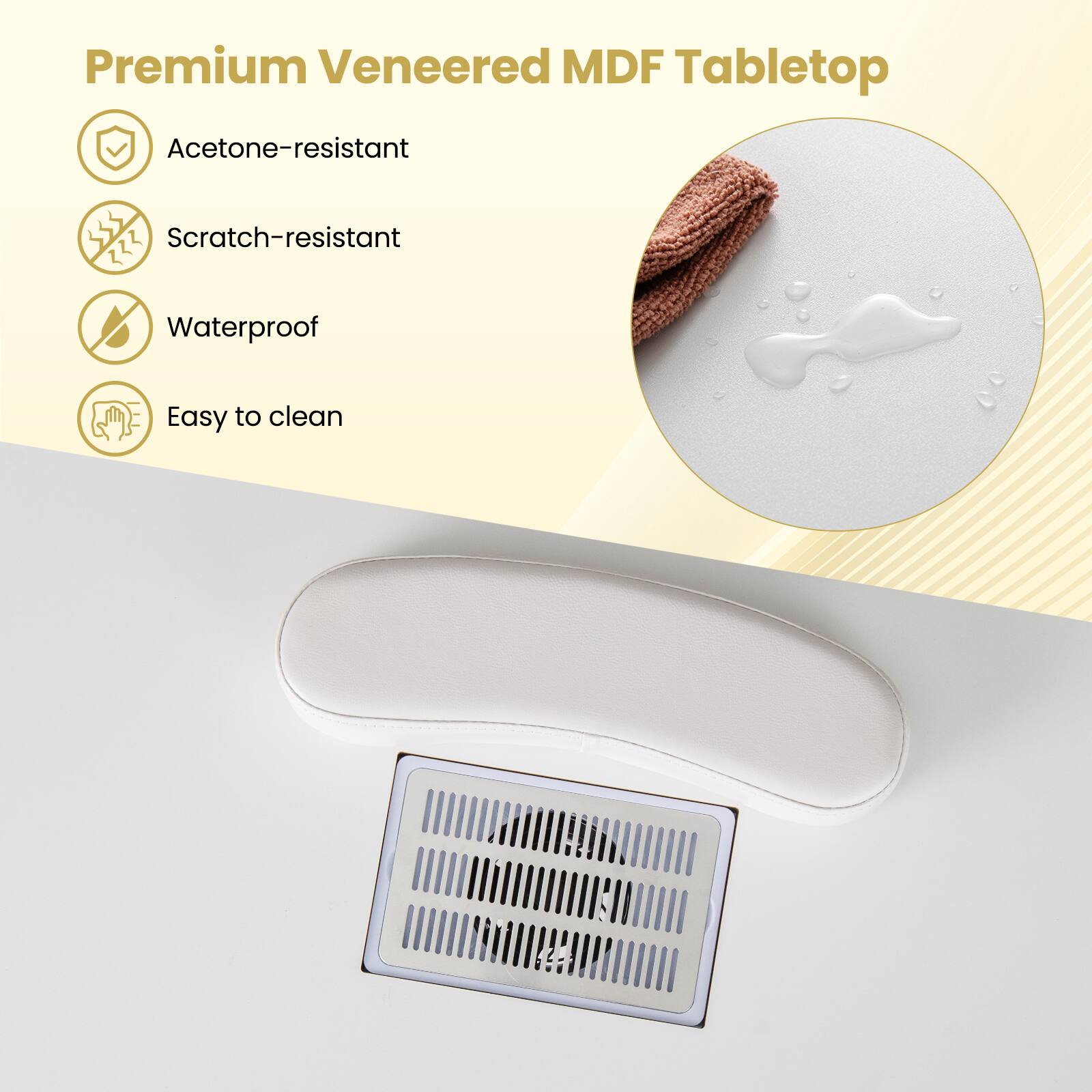 Premium Veneered MDF Tabletop

Acetone-resistant
Scratch-resistant
Waterproof
Easy to clean