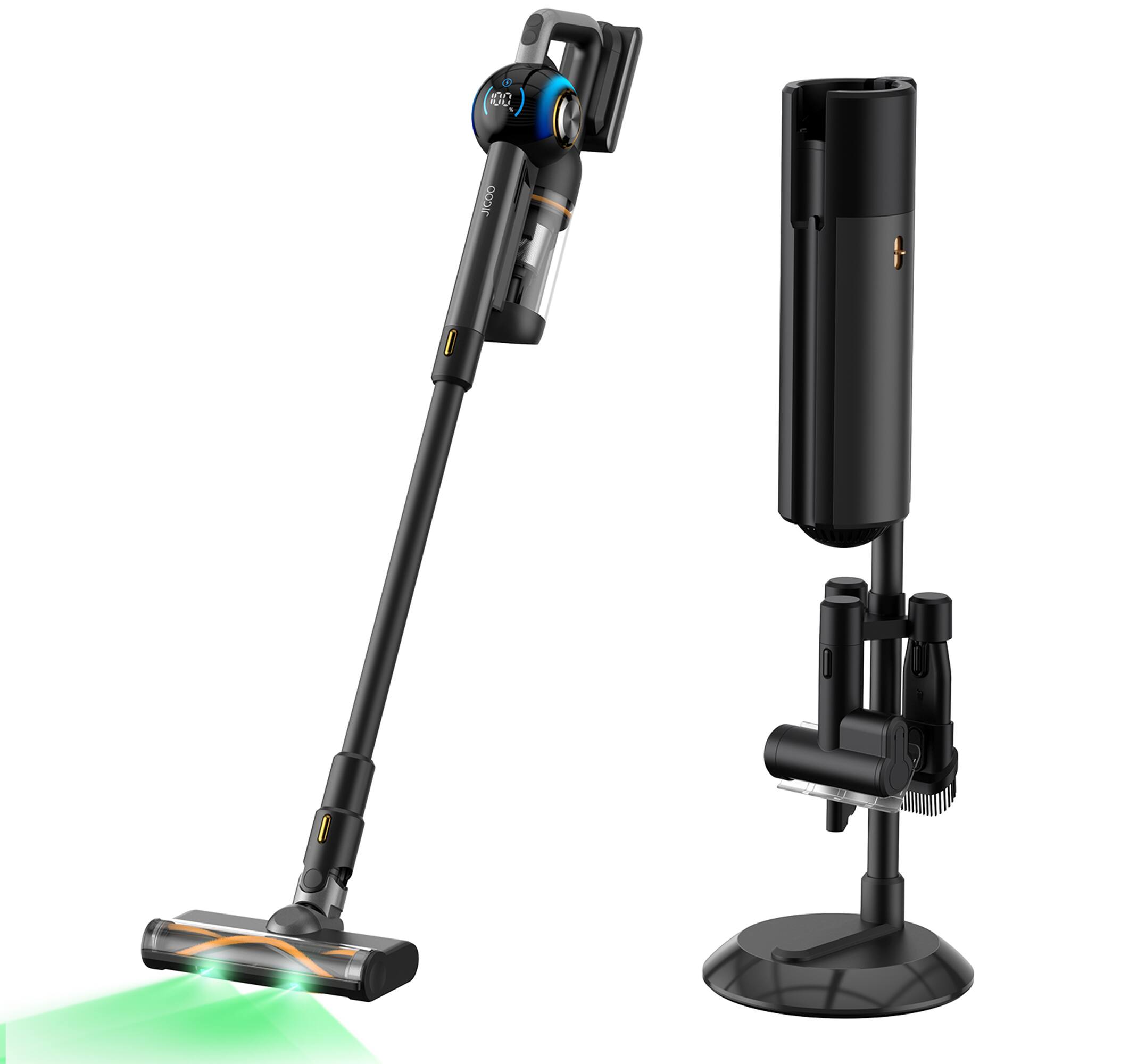 Angle. JIGOO - V700 Station Cordless Vacuum Cleaner w/ Auto-Empty System, HEPA Filter, 215AW Suction, for Hard Floor, Carpet & Pet Hair - Black.