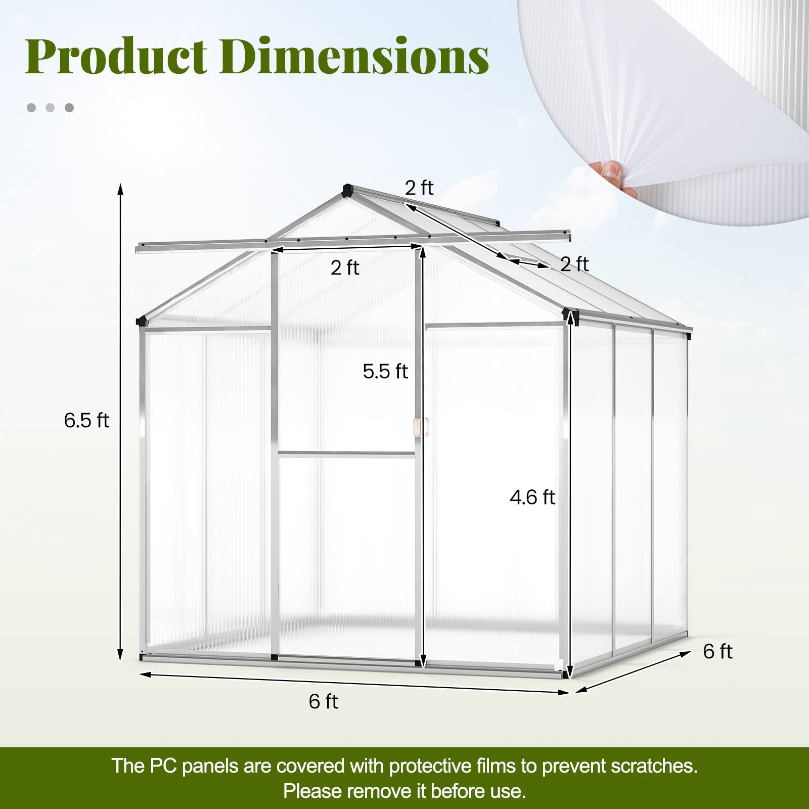 Product Dimensions: 2 ft, 2 ft, 2 ft, 5.5 ft, 6.5 ft, 4.6 ft, 6 ft, 6 ft

The PC panels are covered with protective films to prevent scratches. Please remove it before use.