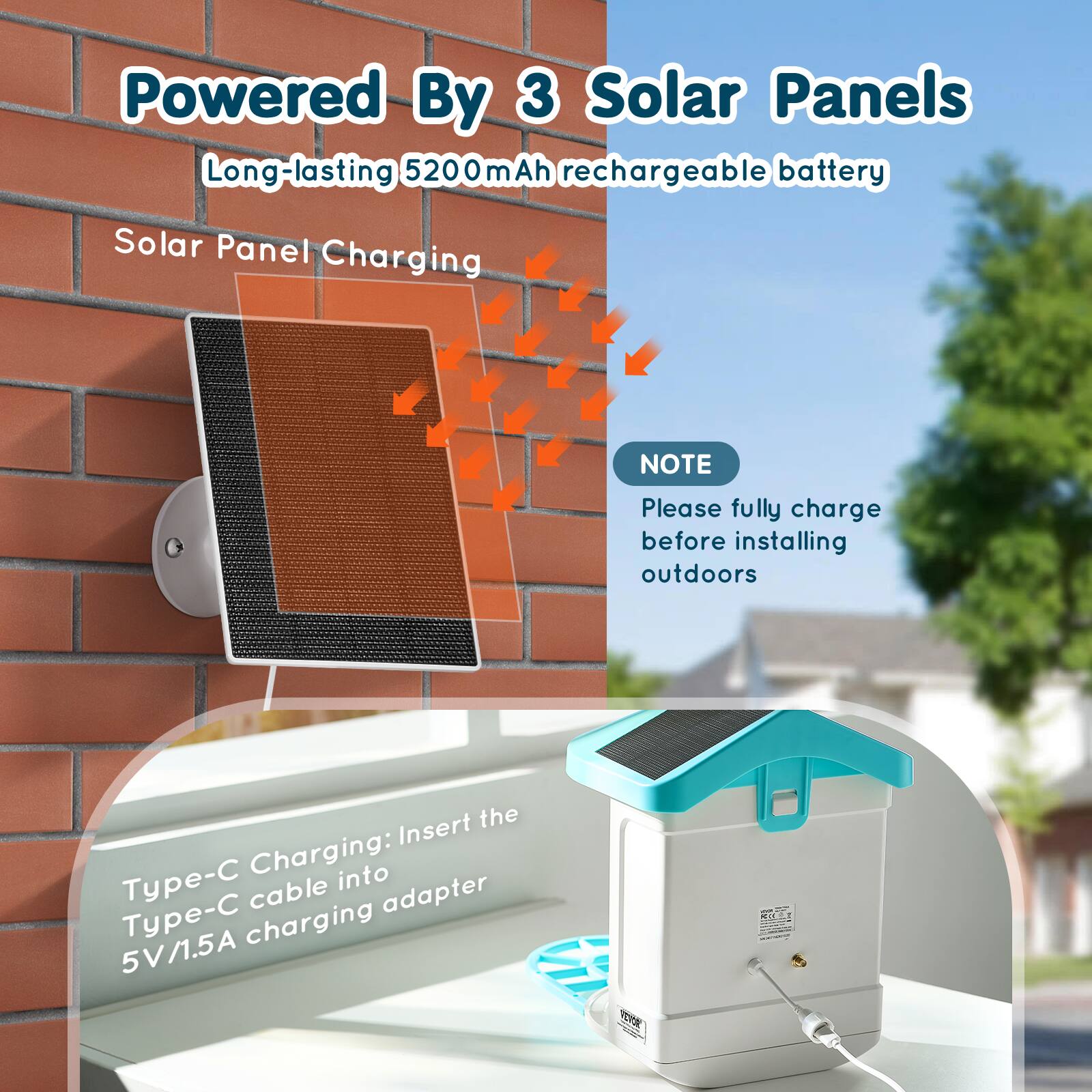 Powered By 3 Solar Panels  
Long-lasting 5200mAh rechargeable battery  

Solar Panel Charging  

NOTE  
Please fully charge before installing outdoors  

Type-C Charging: Insert the Type-C cable into 5V/1.5A charging adapter