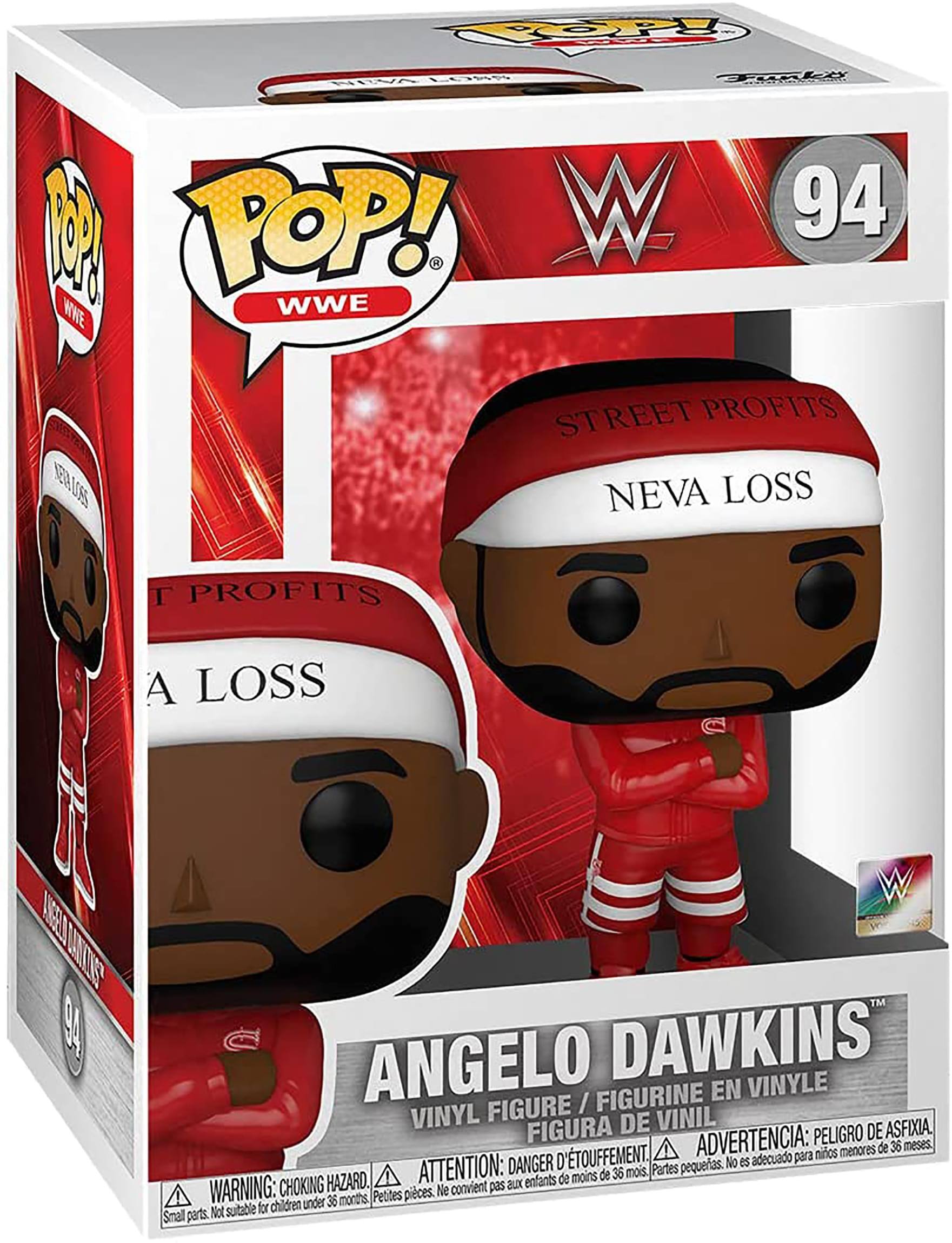 POP! WWE  
94  
STREET PROFITS  
NEVA LOSS  

ANGEL DAWKINS  
VINYL FIGURE / FIGURINE EN VINYLE / FIGURA DE VINIL  

WARNING: CHOKING HAZARD. Small parts. Not suitable for children under 36 months.  
ATTENTION: DANGER D'ÉTOUFFEMENT. Petites pièces. Ne convient pas aux enfants de moins de 36 mois.  
ADVERTENCIA: PELIGRO DE ASFIXIA. Partes pequeñas. No es adecuado para niños menores de 36 meses.