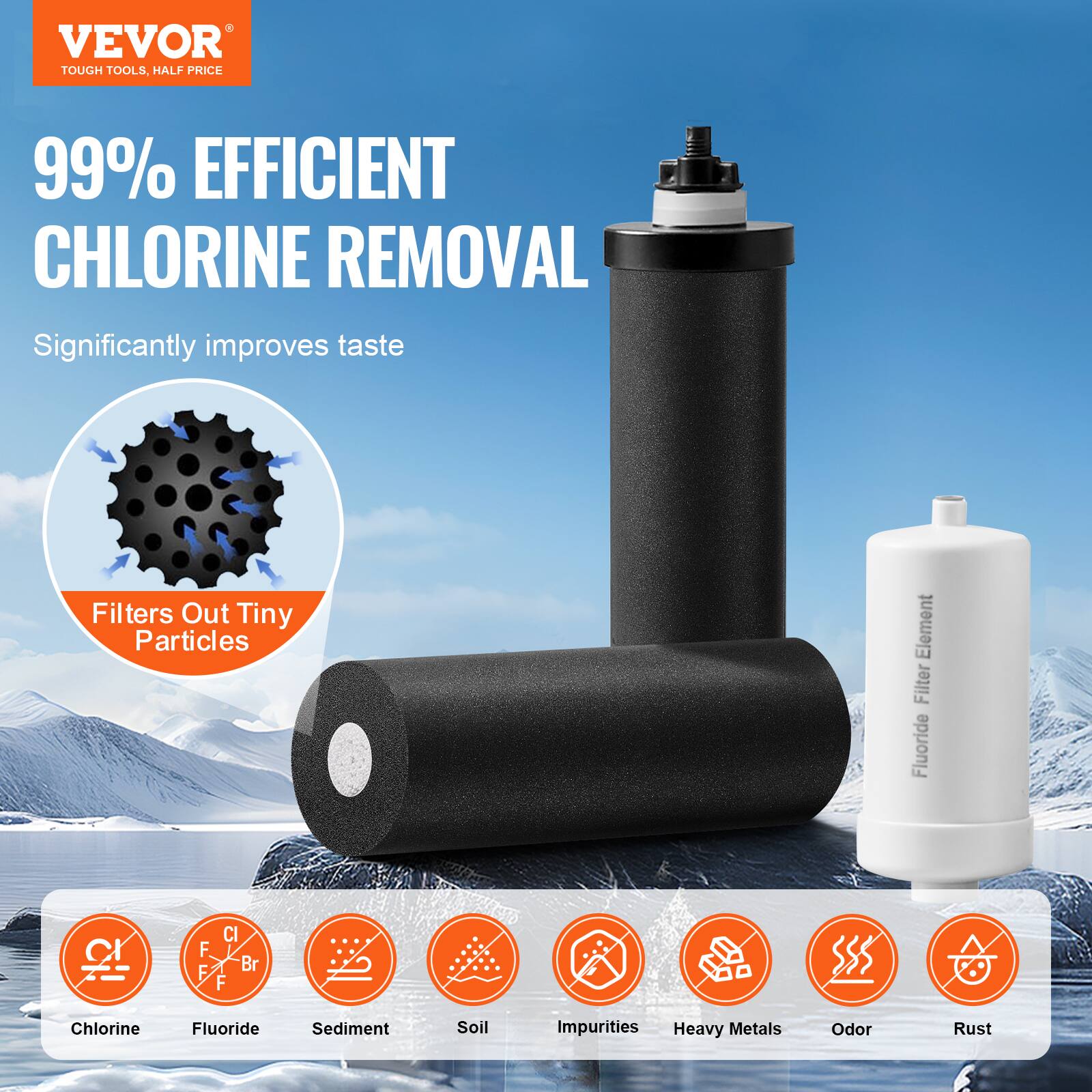 VEVOR  
TOUGH TOOLS, HALF PRICE  

99% EFFICIENT CHLORINE REMOVAL  

Significantly improves taste  

Filters Out Tiny Particles  

Chlorine  
Fluoride  
Sediment  
Soil  
Impurities  
Heavy Metals  
Odor  
Rust  

Fluoride Filter Element