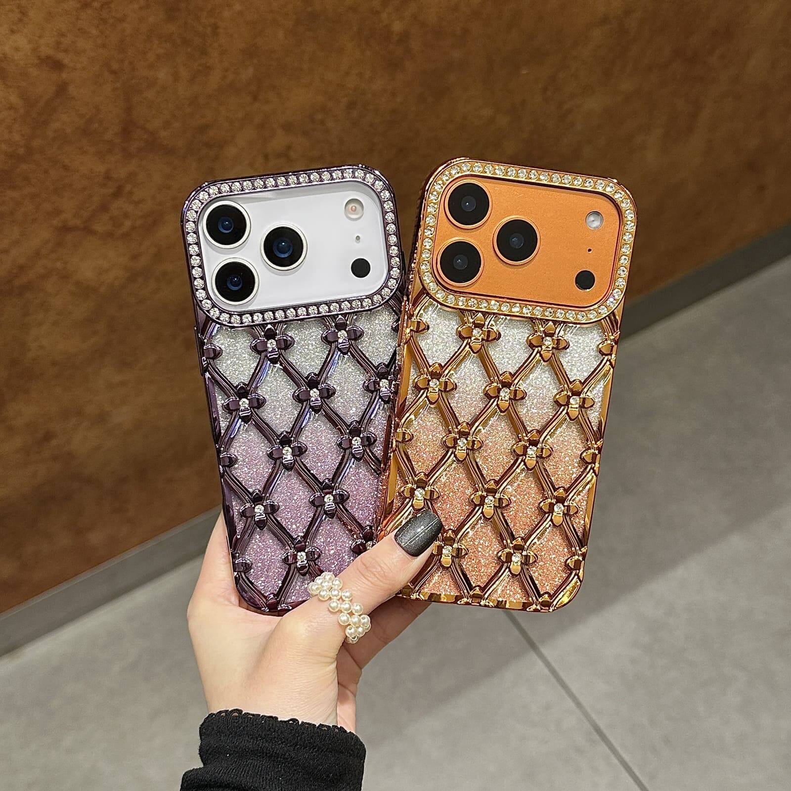 Angle. UUCOVER - Luxury Electroplated Bling Glitter Case for Apple iPhone 18 Pro Max, Shockproof Sparkle Rhinestone Diamond Flower Cover - Purple.