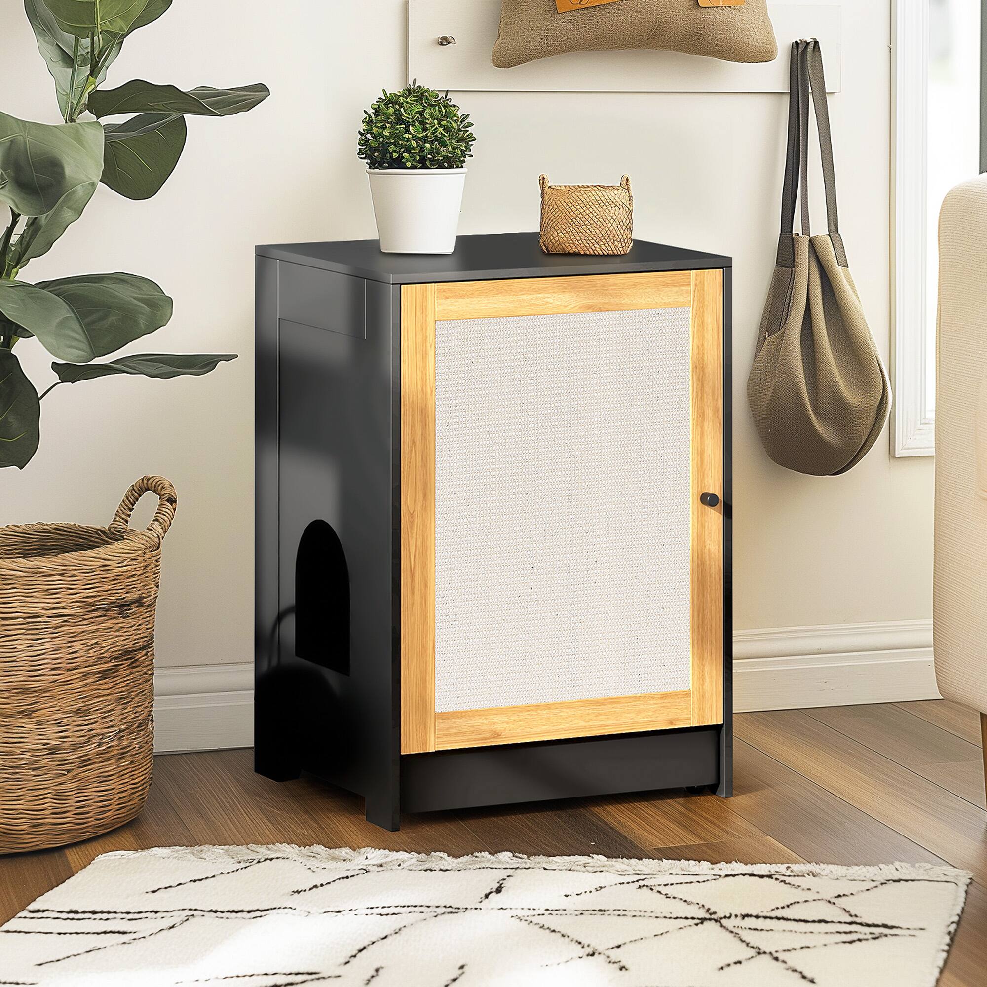 Angle. APRILSOUL - Cat Litter Box Enclosure Hidden Cat Washroom Kitty End Table Litter cabinet with sisal door Black - Black.