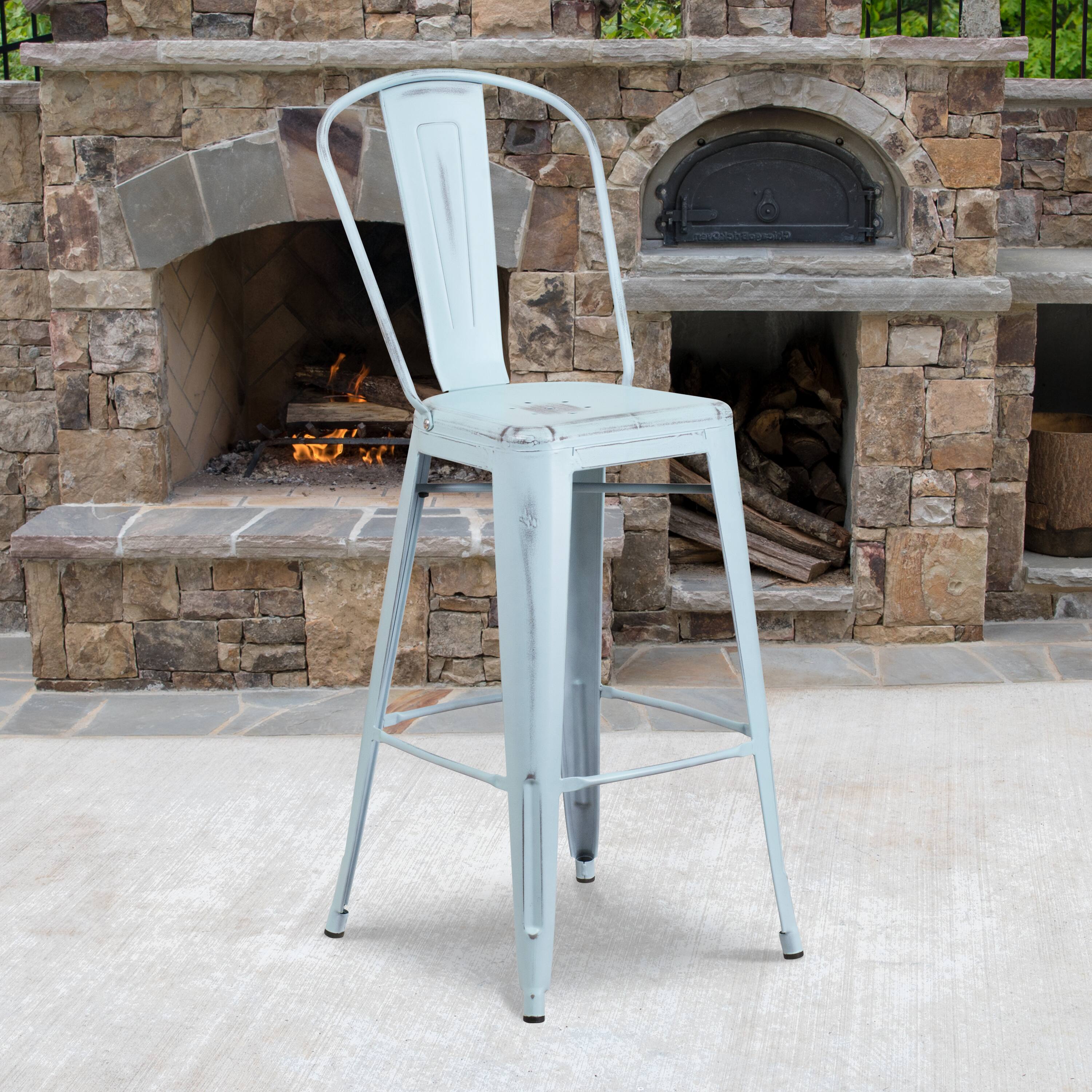 Alt View 1. Emma + Oliver - Commercial Grade 30"H Distressed Colorful Metal Indoor-Outdoor Barstool w/ Back - Green-Blue.