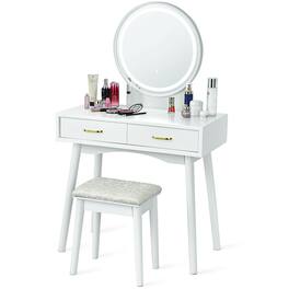 Costway - Vanity Dressing Table Set Touch Screen 3 Lighting Modes Mirror Padded Stool - White