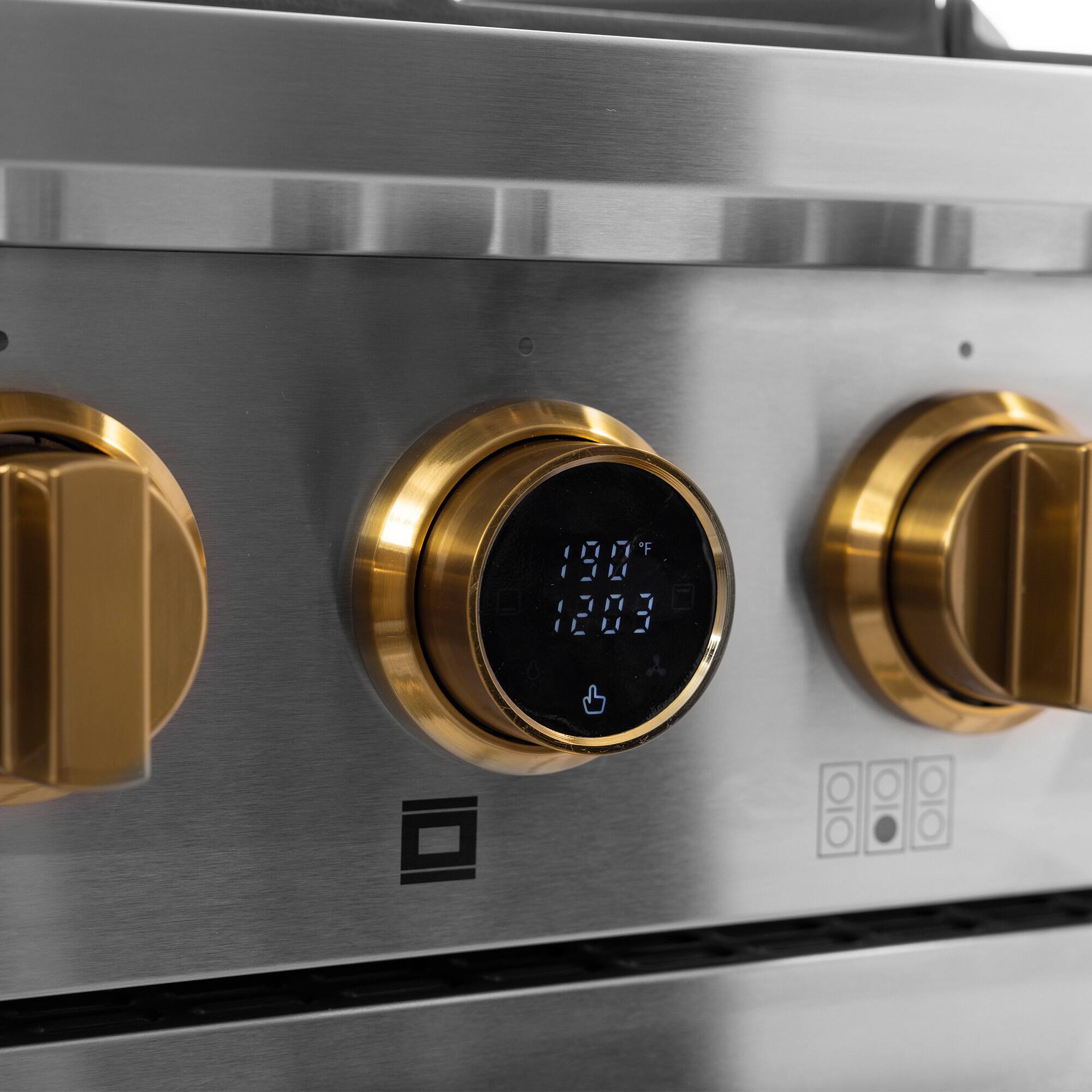 Angle. Kucht - 36 in. 5.2 cu. ft. Dual Fuel Range, 6 Burners, LP, SS w/ Gold Accents, Kucht Horus Thermostat - Stainless Steel & Gold.