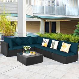 Mondawe - 7-Piece Sectional Wicker Sofa Set w/ Tempered Glass Table, Outdoor Patio Conversation Set with Cushions - Dark Green