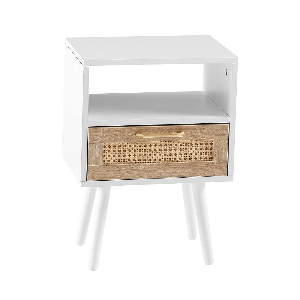 Alt View 4. Loheer - Loheer White Rattan End Table with Drawer Modern Nightstand Solid Wood Legs Bedroom Side Table - White.